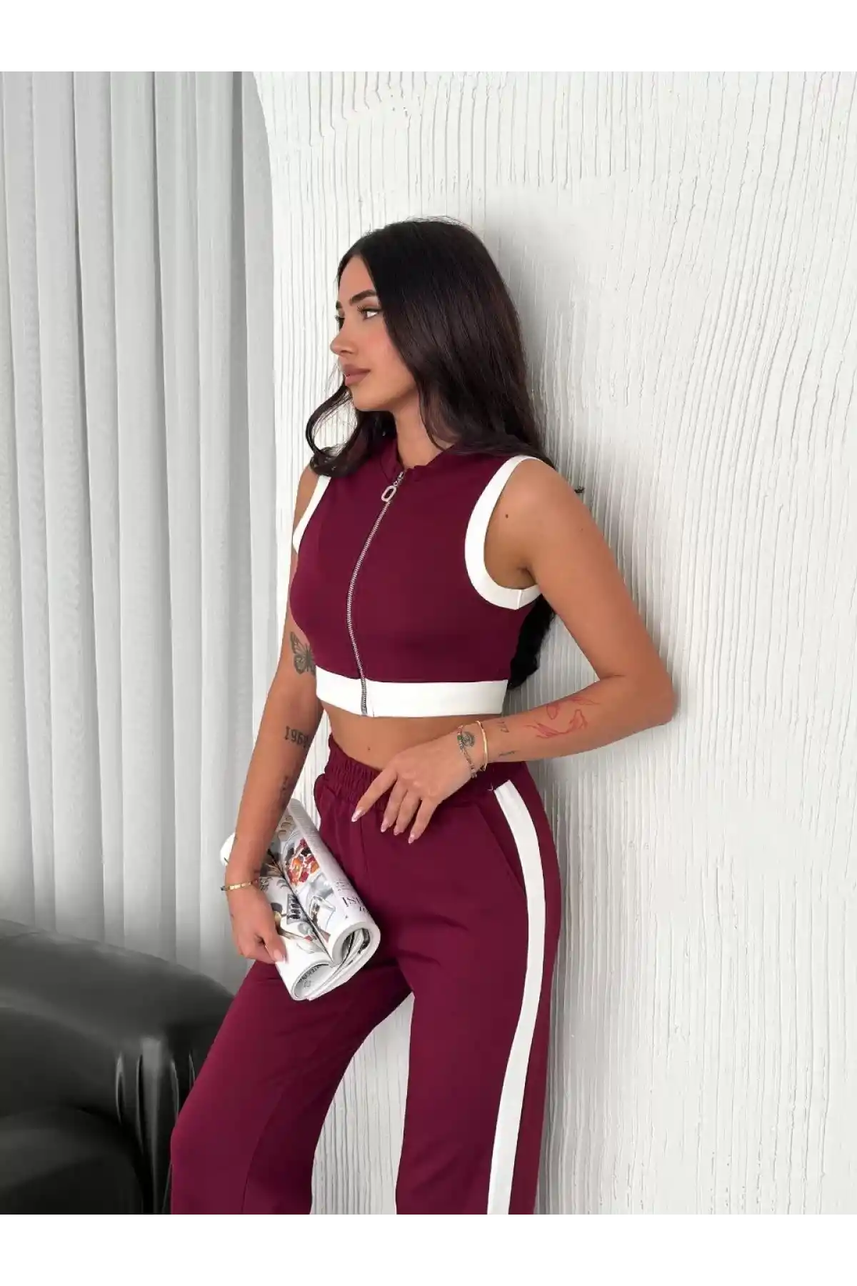 Osy Modal Yumuşak Dokulu Kumaş Tam Fermuarlı Crop Pantalon İkili Takım - Bordo