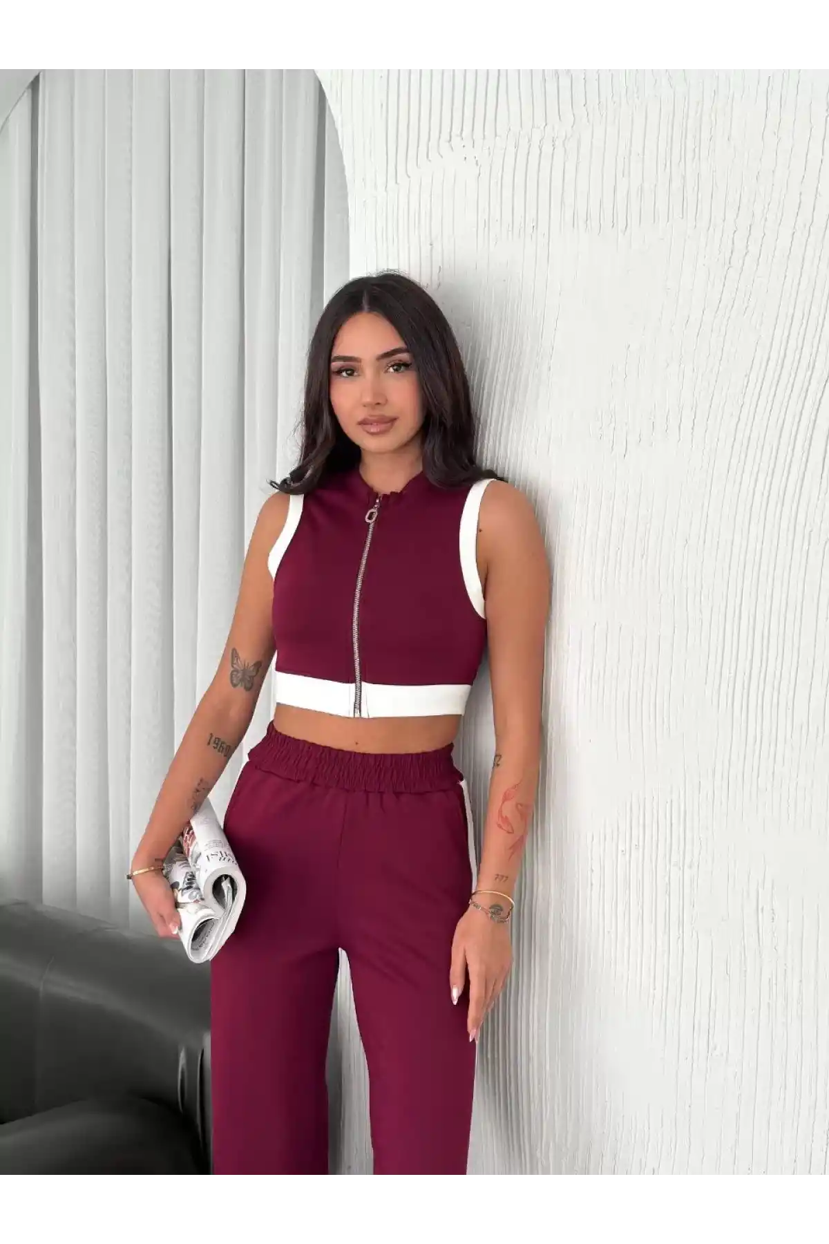 Osy Modal Yumuşak Dokulu Kumaş Tam Fermuarlı Crop Pantalon İkili Takım - Bordo