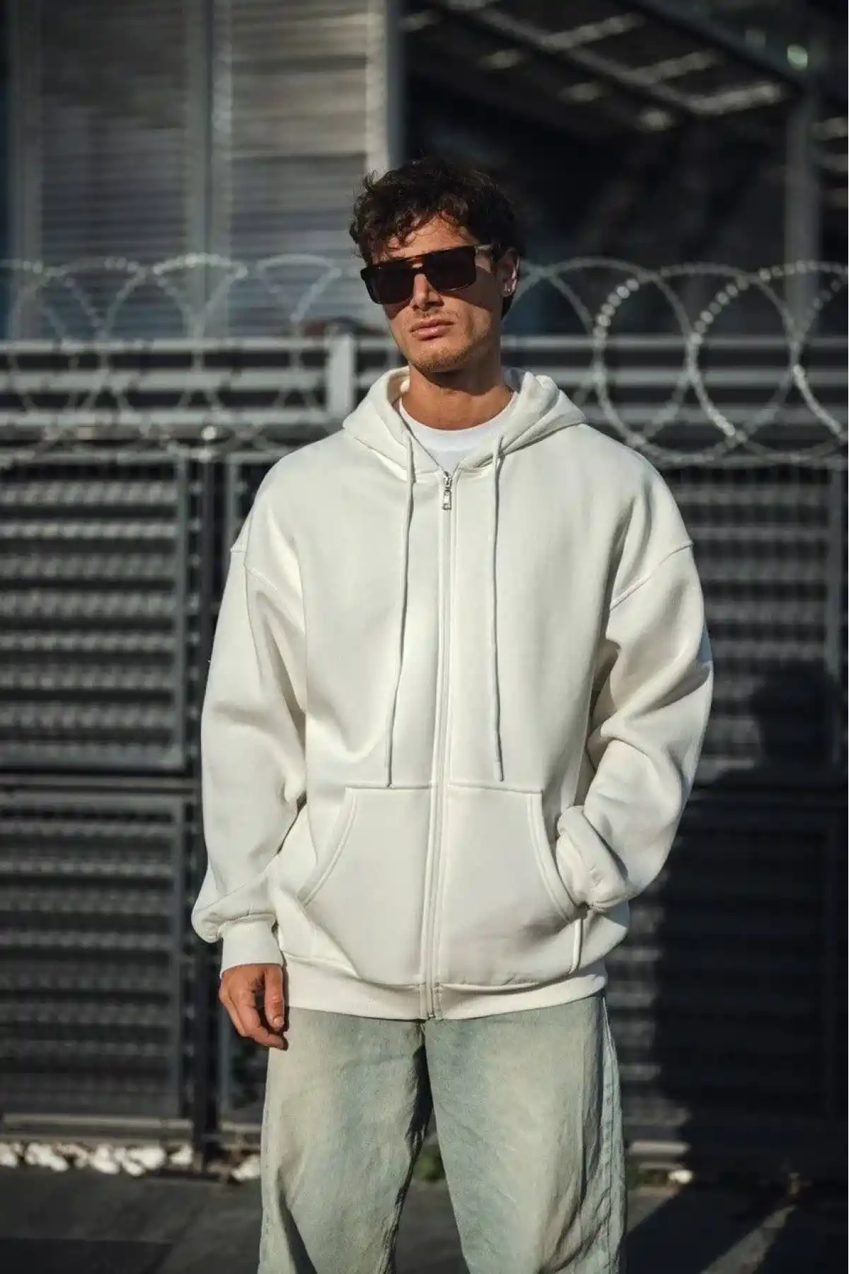 Erkek Tam Fermuarlı Cepli Kapüşonlu 3 iplik pamuklu hoodie Sweatshirt - Beyaz