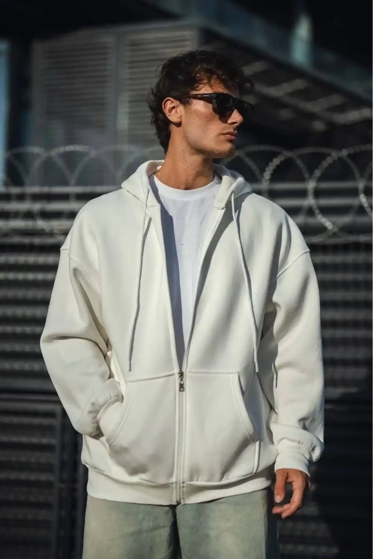 Erkek Tam Fermuarlı Cepli Kapüşonlu 3 iplik pamuklu hoodie Sweatshirt - Beyaz