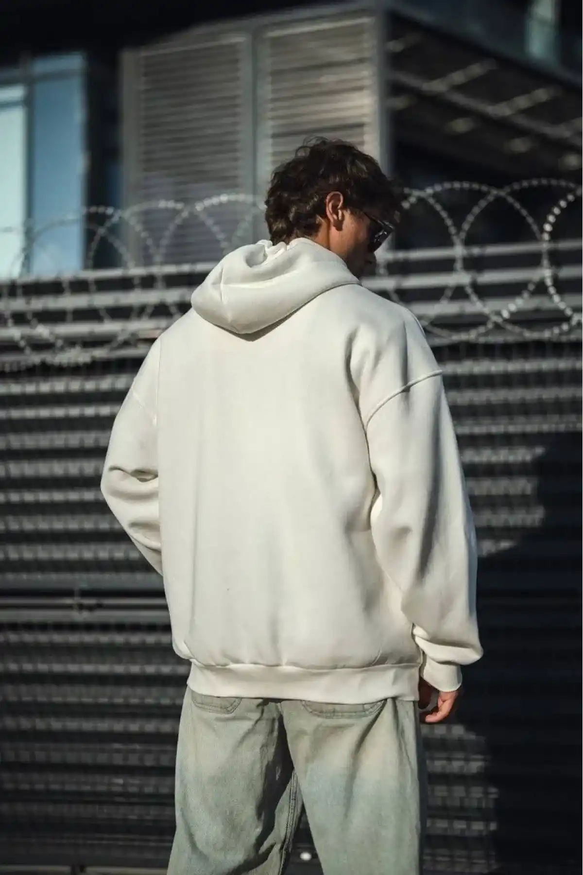 Erkek Tam Fermuarlı Cepli Kapüşonlu 3 iplik pamuklu hoodie Sweatshirt - Beyaz