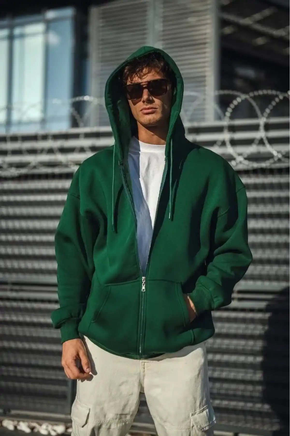 Oversize Tam Fermuarlı Uzun Kol Hırka - Haki