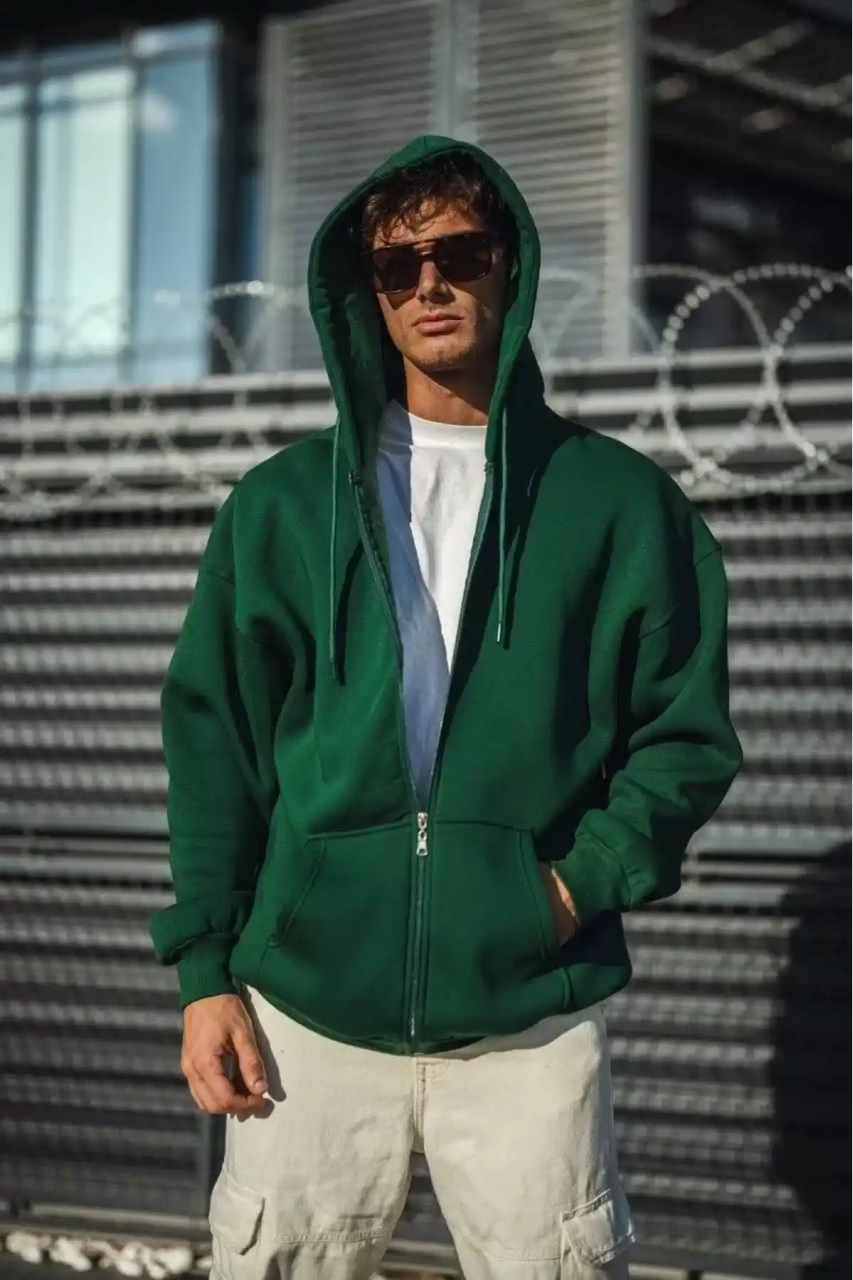 Oversize Tam Fermuarlı Uzun Kol Hırka - Haki