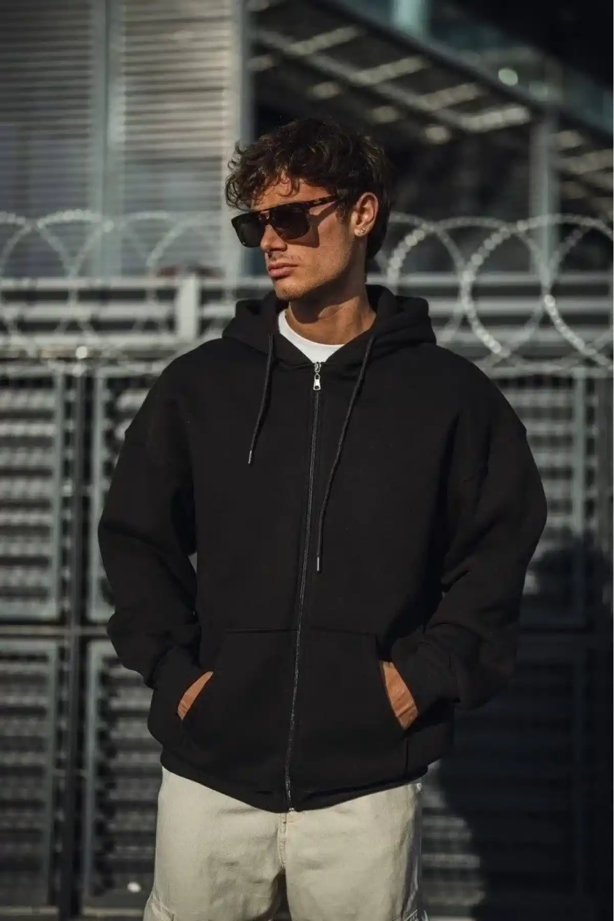 Erkek Tam Fermuarlı Cepli Kapüşonlu 3 iplik pamuklu hoodie Sweatshirt - Siyah