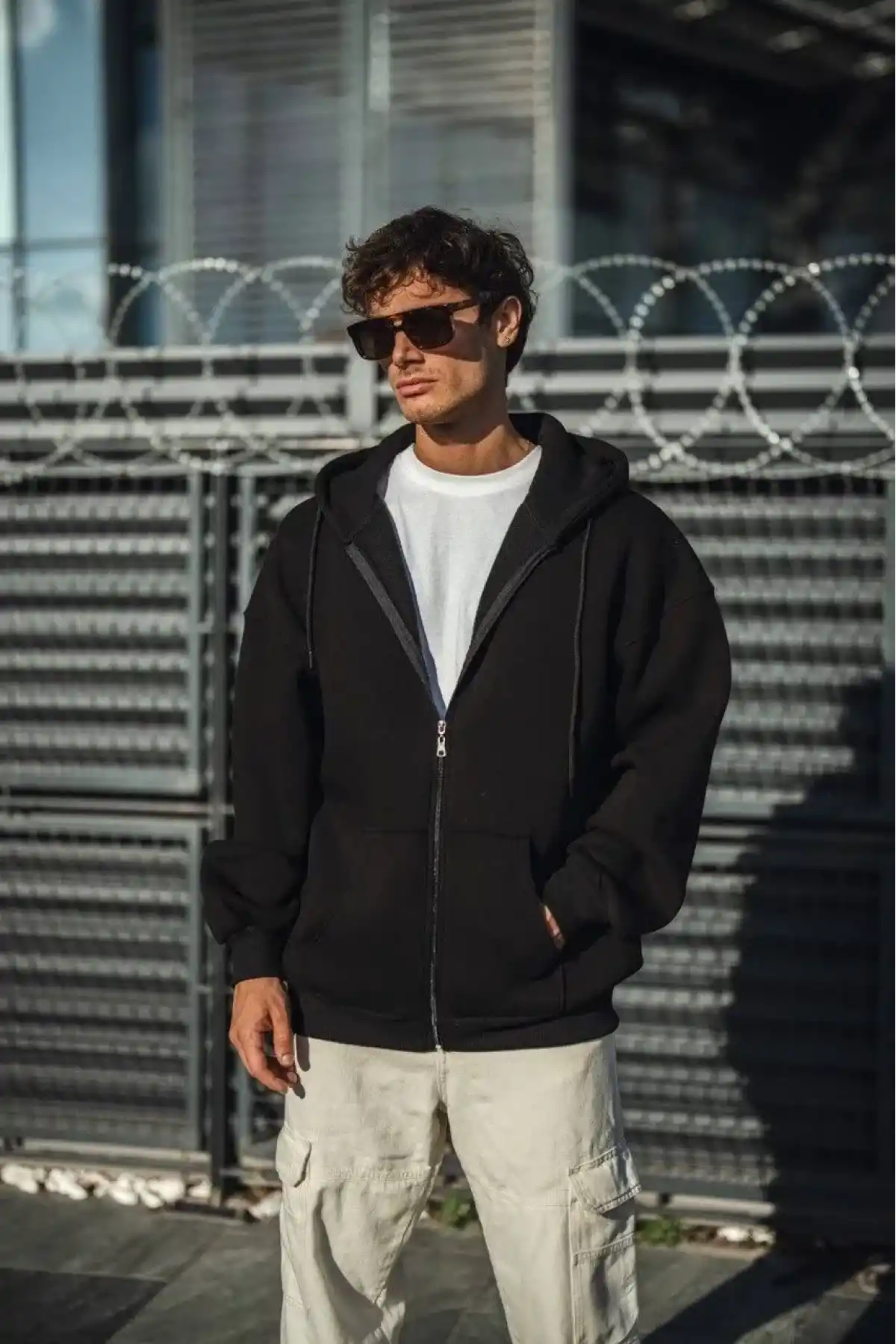 Erkek Tam Fermuarlı Cepli Kapüşonlu 3 iplik pamuklu hoodie Sweatshirt - Siyah