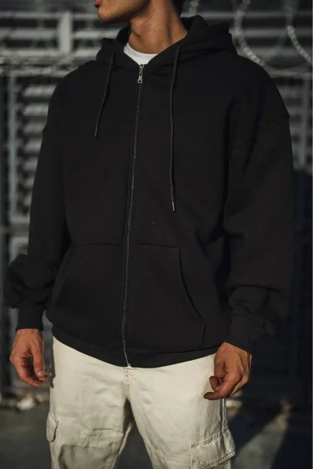 Erkek Tam Fermuarlı Cepli Kapüşonlu 3 iplik pamuklu hoodie Sweatshirt - Siyah