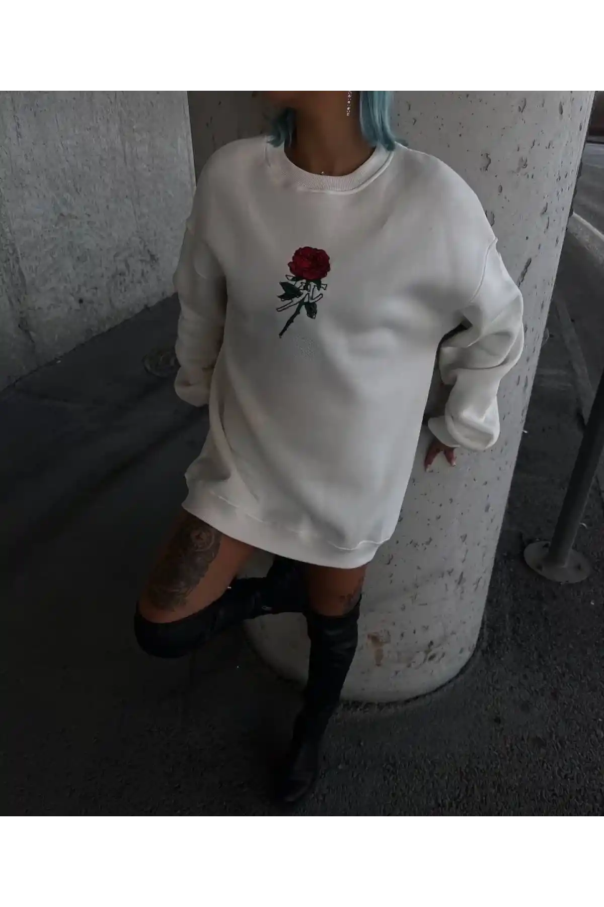 Oversize Üç İplik Bisiklet Yaka Baskılı SweatShirt - Beyaz