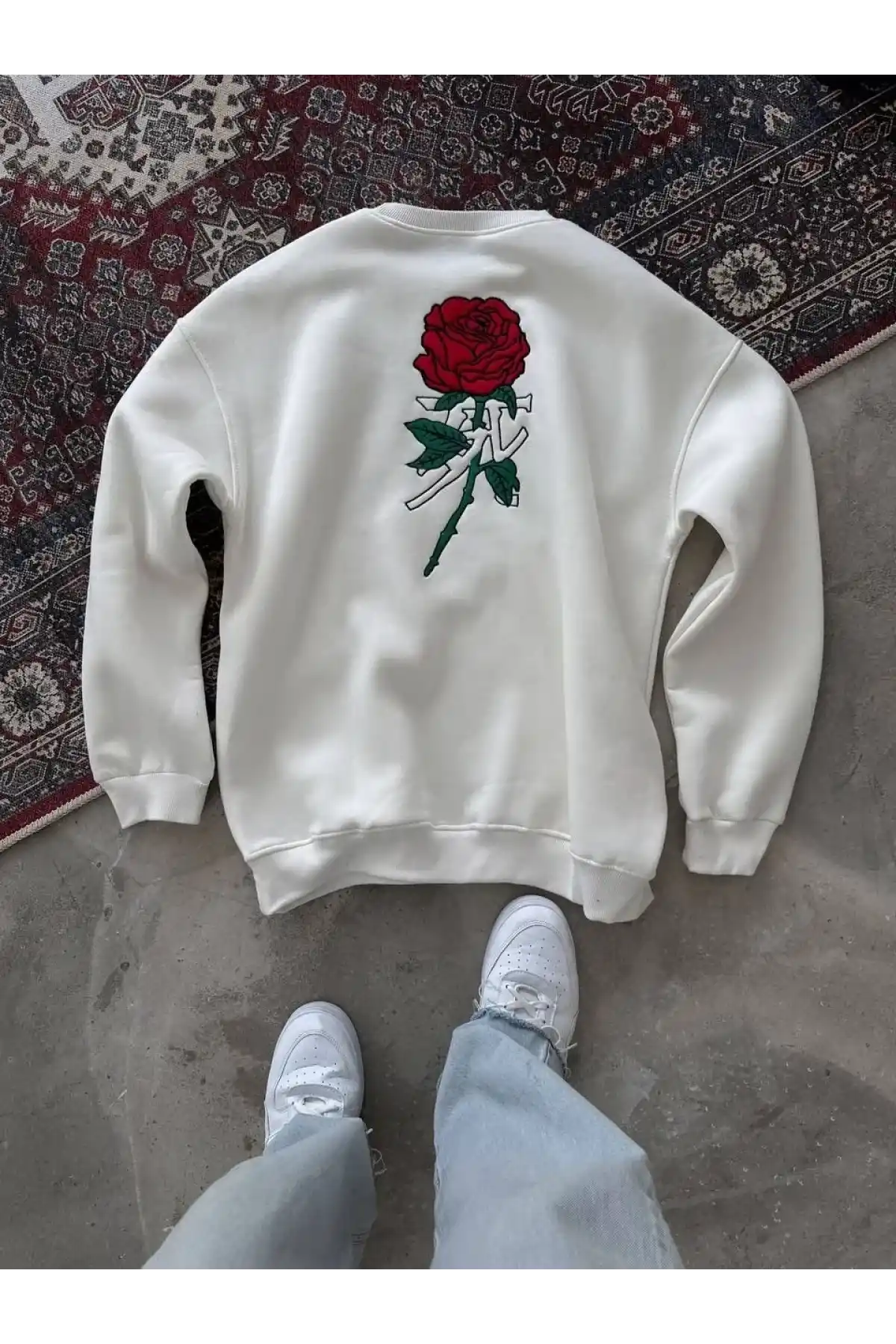 Oversize Üç İplik Bisiklet Yaka Baskılı SweatShirt - Beyaz