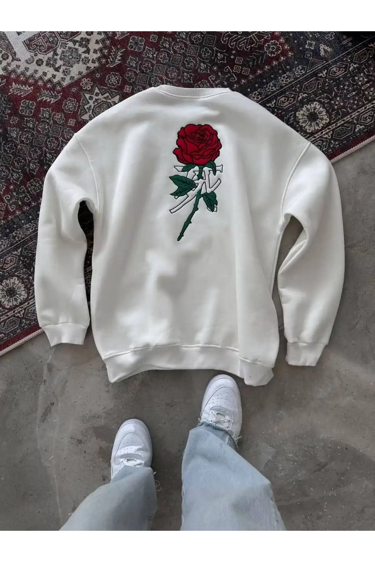 Oversize Üç İplik Bisiklet Yaka Baskılı SweatShirt - Beyaz