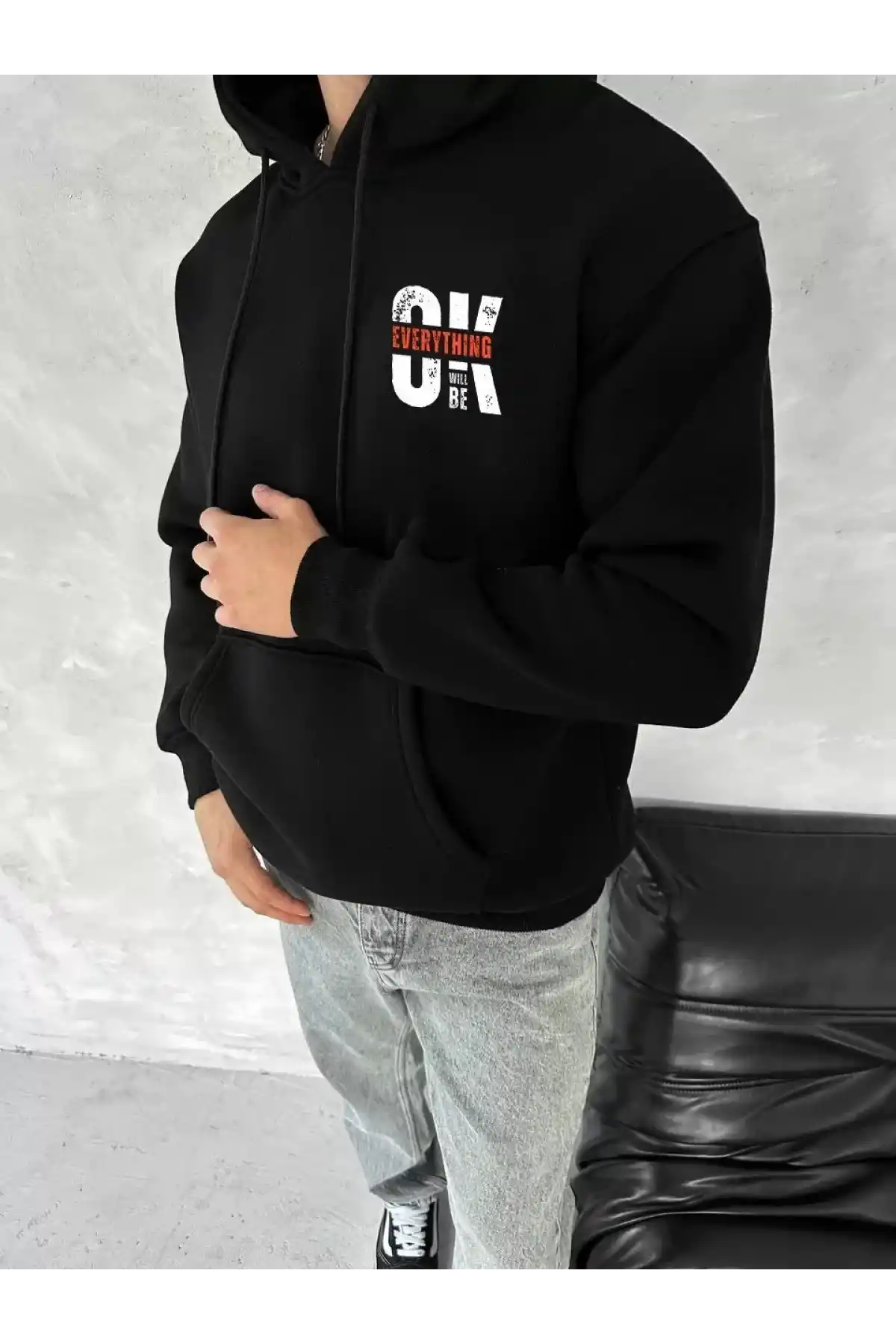 Oversize Üç İplik Kapüşonlu SweatShirt - Siyah
