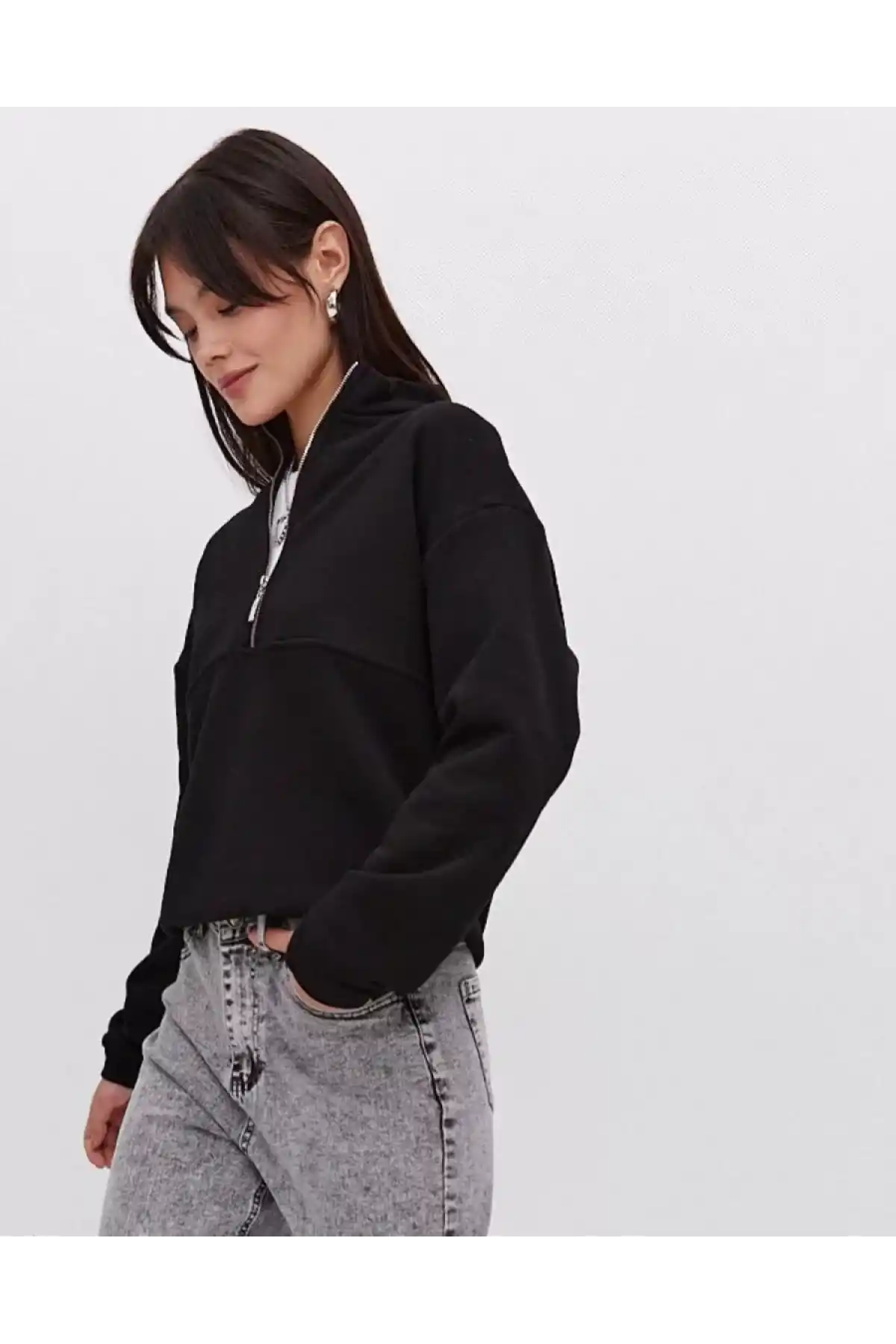 Oversize Yarım Farmuarlı Yakalı Basic SweatShirt - Siyah
