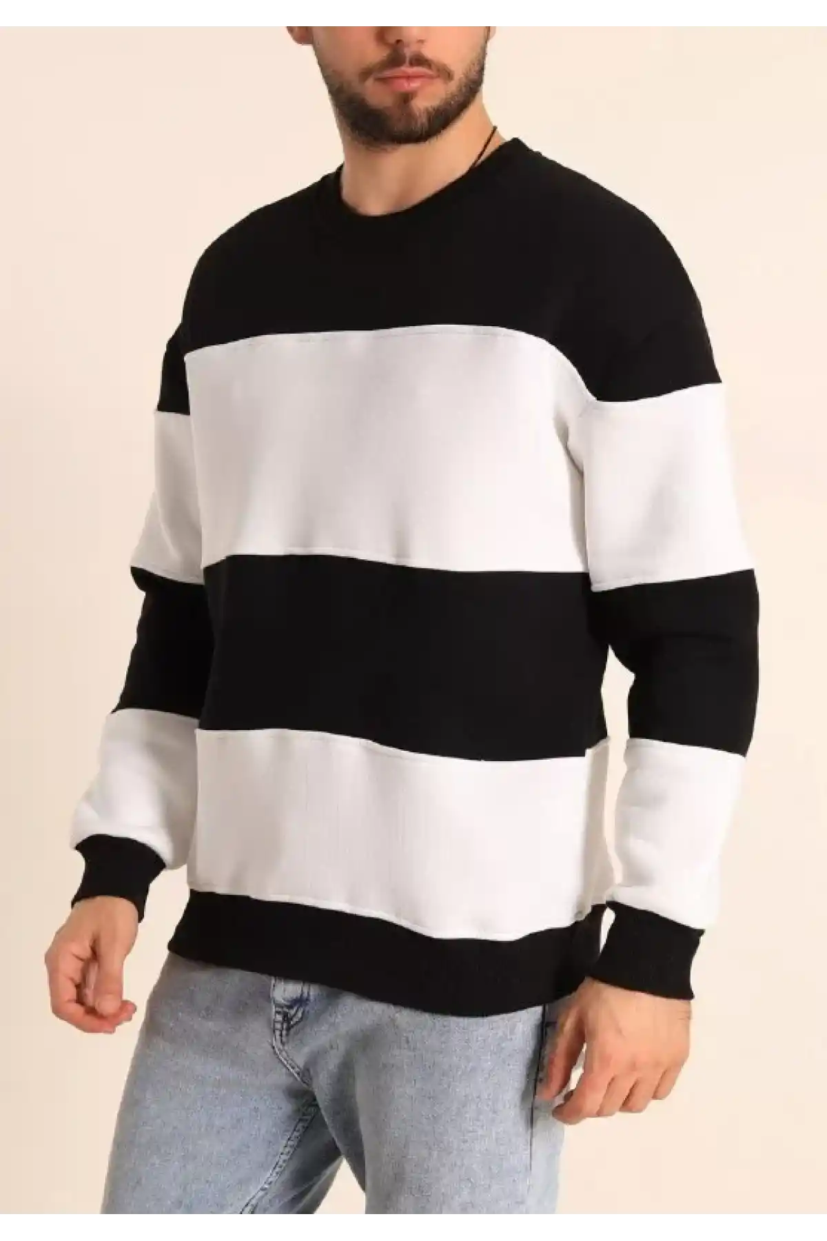 Parçalı Bisiklet Yaka Baskılı SweatShirt - Siyah