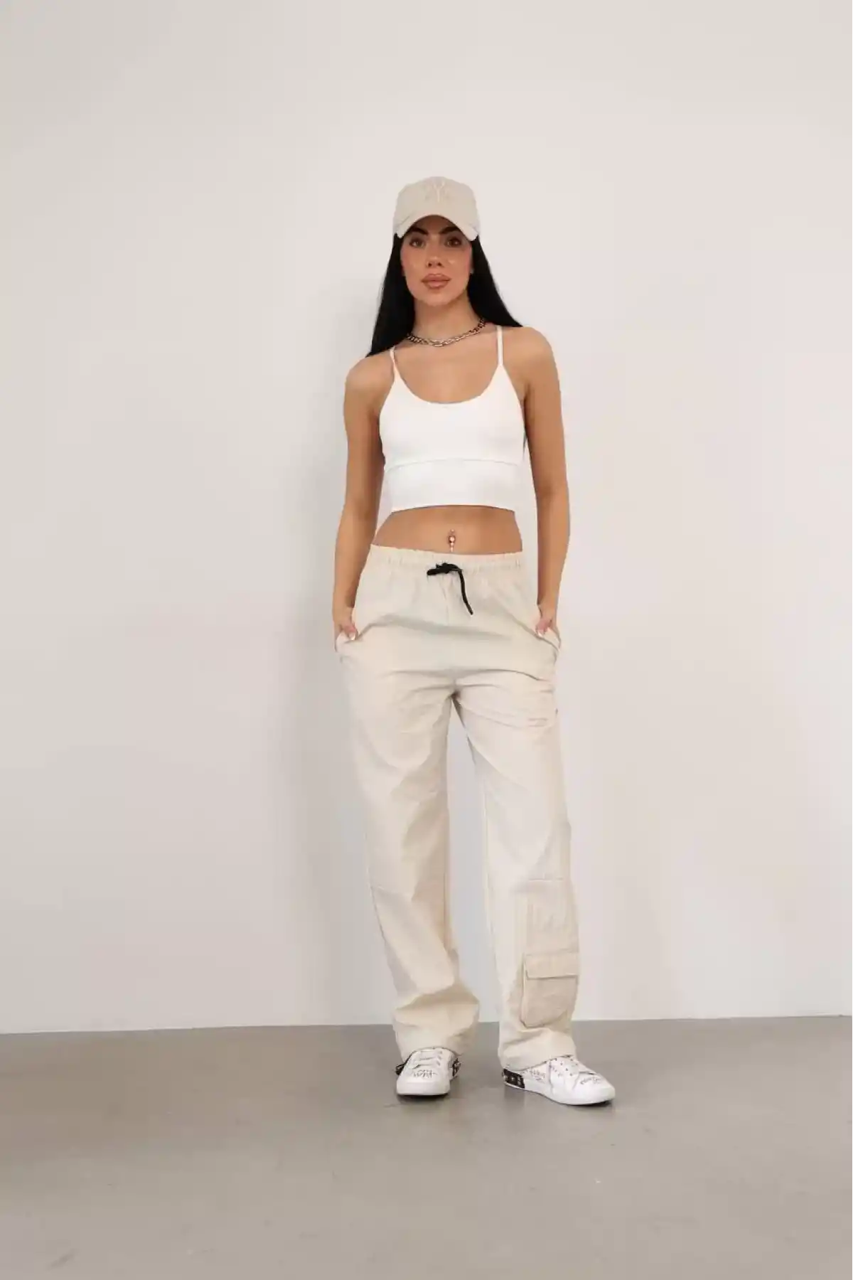 Paraşüt Kumaş Kargo Ceplı Baggy Eşofman- Bej