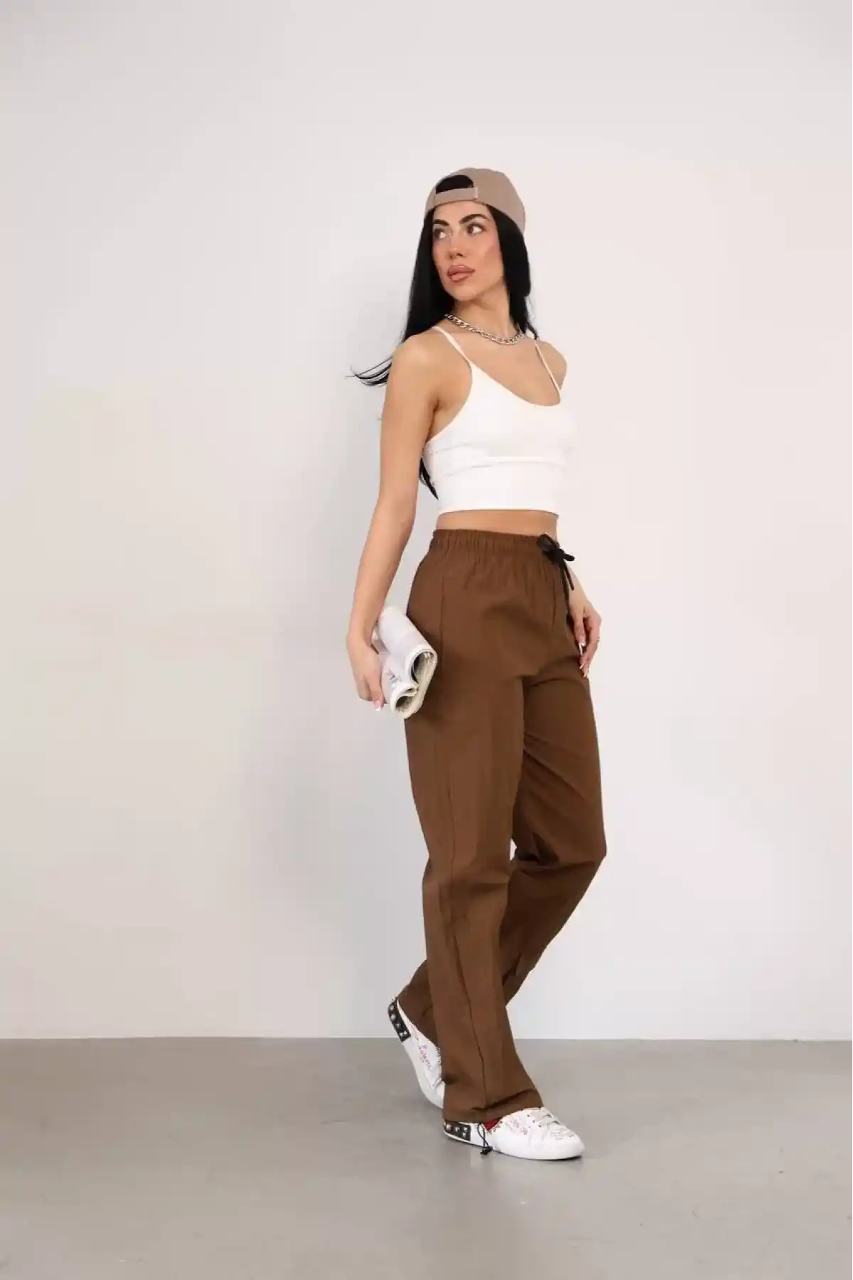 Praşut Kumaş Paça Cepli Baggy Eşofman - Kahve