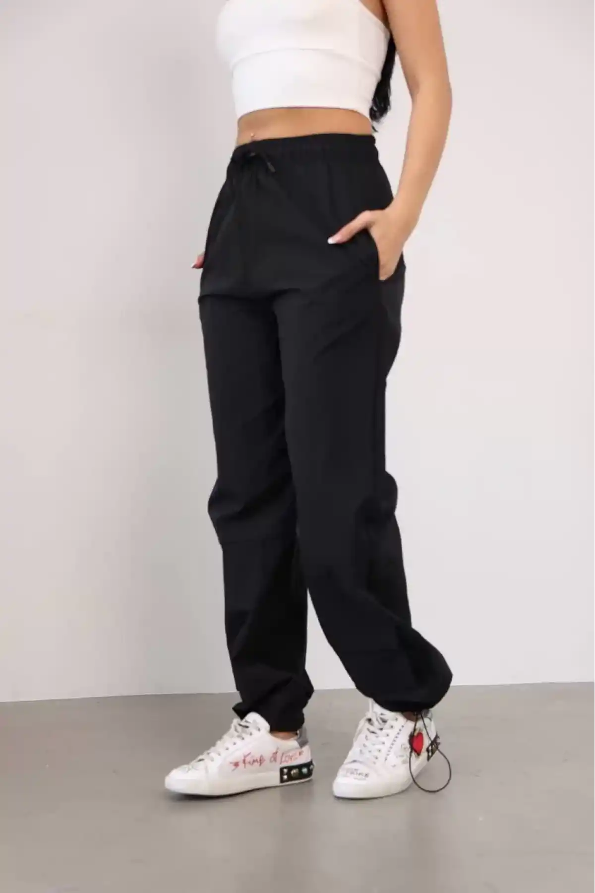 Paraşut Kumaş Paça Cepli Baggy Eşofman - Siyah