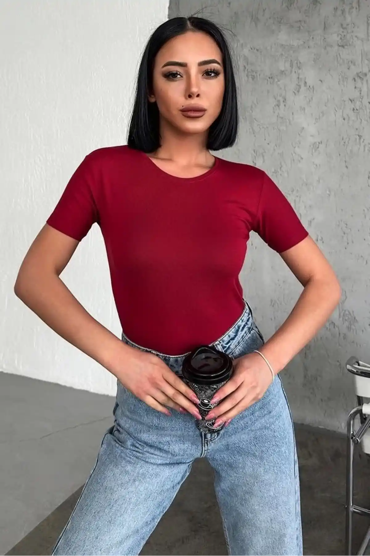 Rahat Ve Şık Kısa Kollu Bisiklet Yaka Likralı Viskon Penye Body Bordo ( GC )