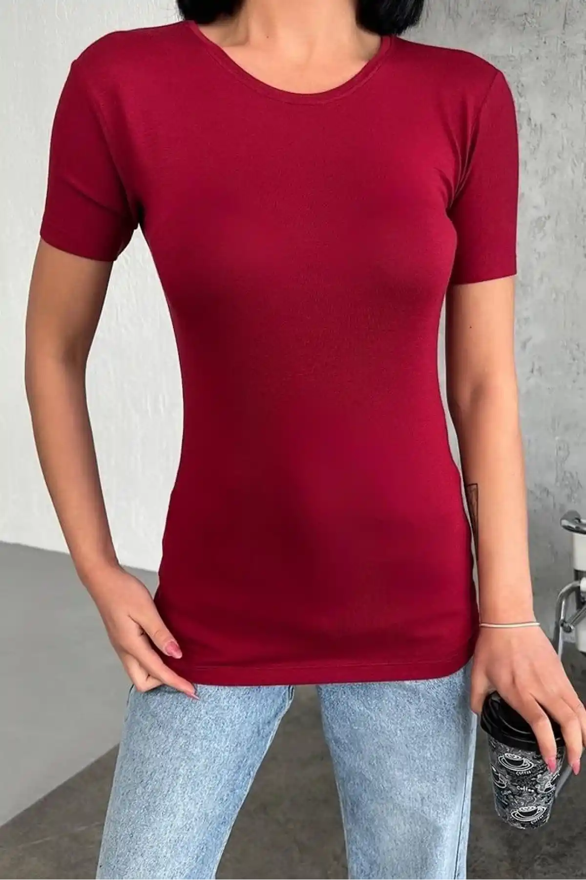 Rahat Ve Şık Kısa Kollu Bisiklet Yaka Likralı Viskon Penye Body Bordo ( GC )