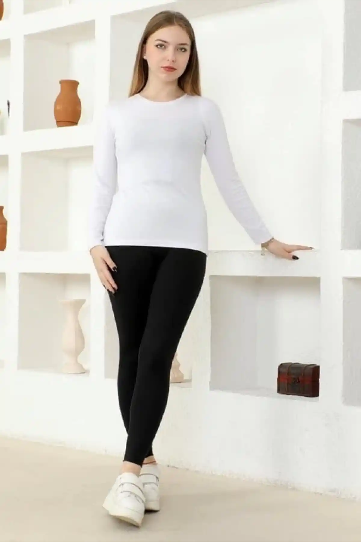 Rahat Ve Şık Uzun Kollu Bisiklet Yaka Likralı Viskon Penye Body Beyaz ( GC )