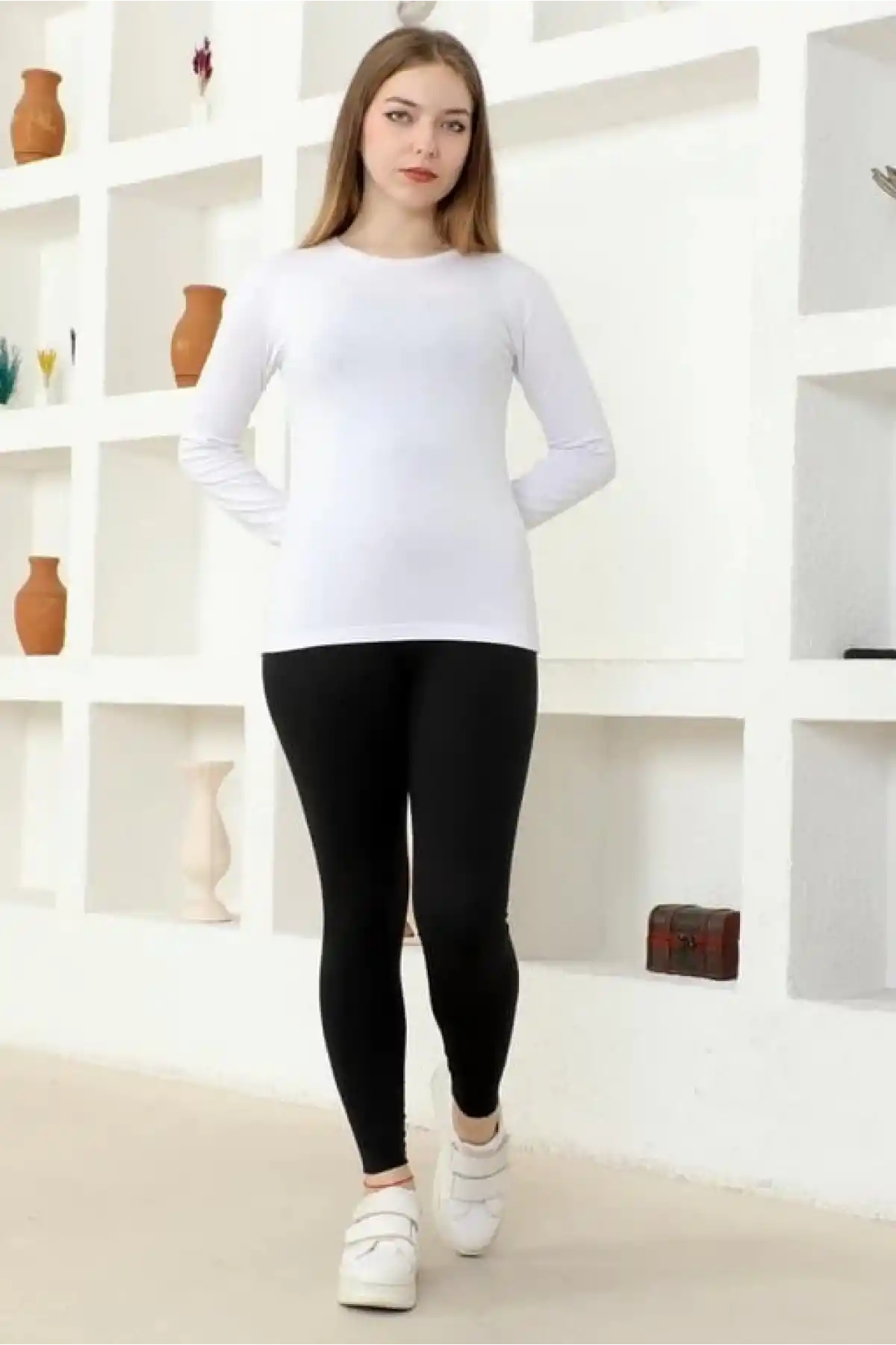 Rahat Ve Şık Uzun Kollu Bisiklet Yaka Likralı Viskon Penye Body Beyaz ( GC )