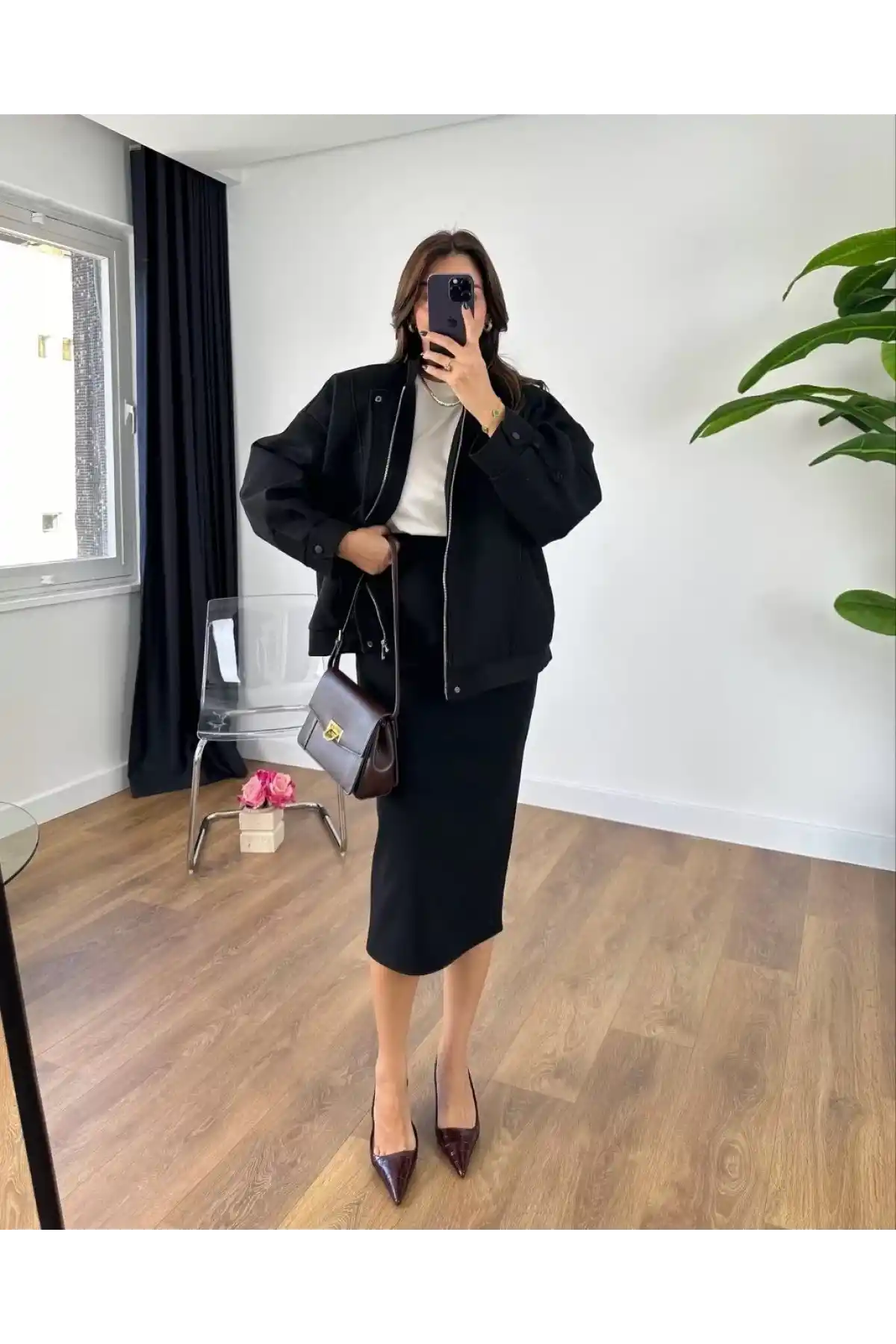 RYSE Kadın Mevsim Kaşe Fermuarlı Ceket Etek Takım Kaşmir Ceket Etekli  İkili Takım Kaşe Bomber Ceket-Etek Takım