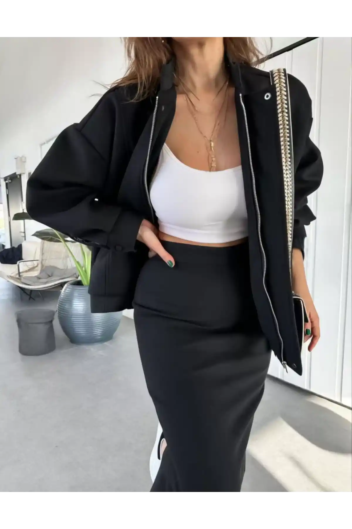 RYSE Kadın Mevsim Kaşe Fermuarlı Ceket Etek Takım Kaşmir Ceket Etekli  İkili Takım Kaşe Bomber Ceket-Etek Takım