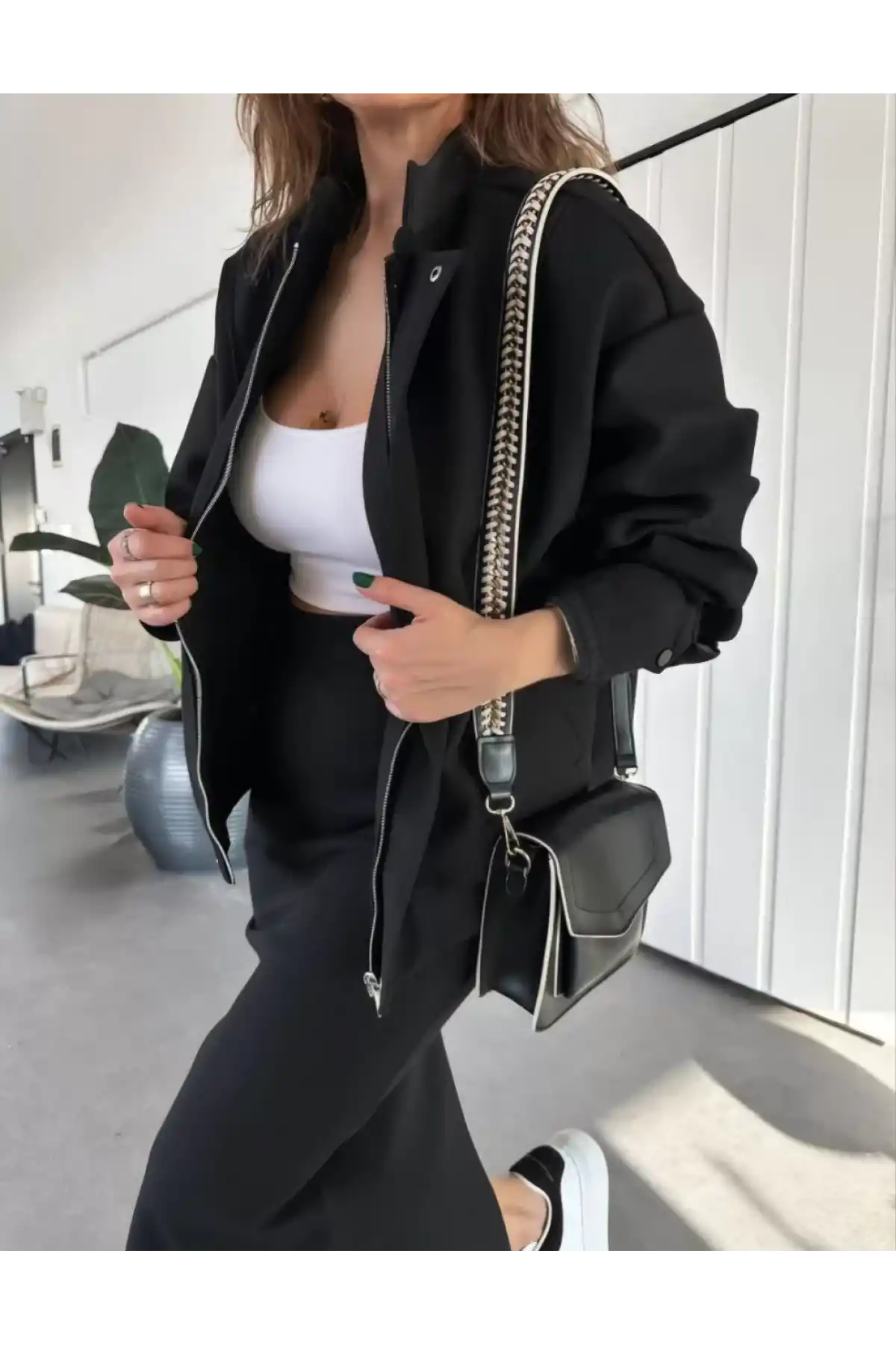 RYSE Kadın Mevsim Kaşe Fermuarlı Ceket Etek Takım Kaşmir Ceket Etekli  İkili Takım Kaşe Bomber Ceket-Etek Takım