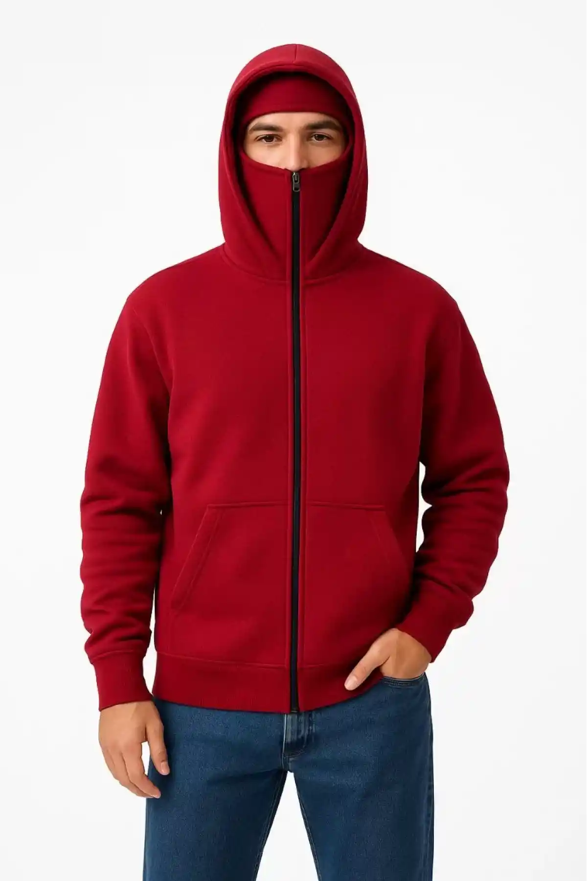 Samuray Ninja Çift Kapşonlu ZIP Fermuarlı Kanguru Çepli Tam Fermuarlı Hoodie Swetshirt - Kırmızı