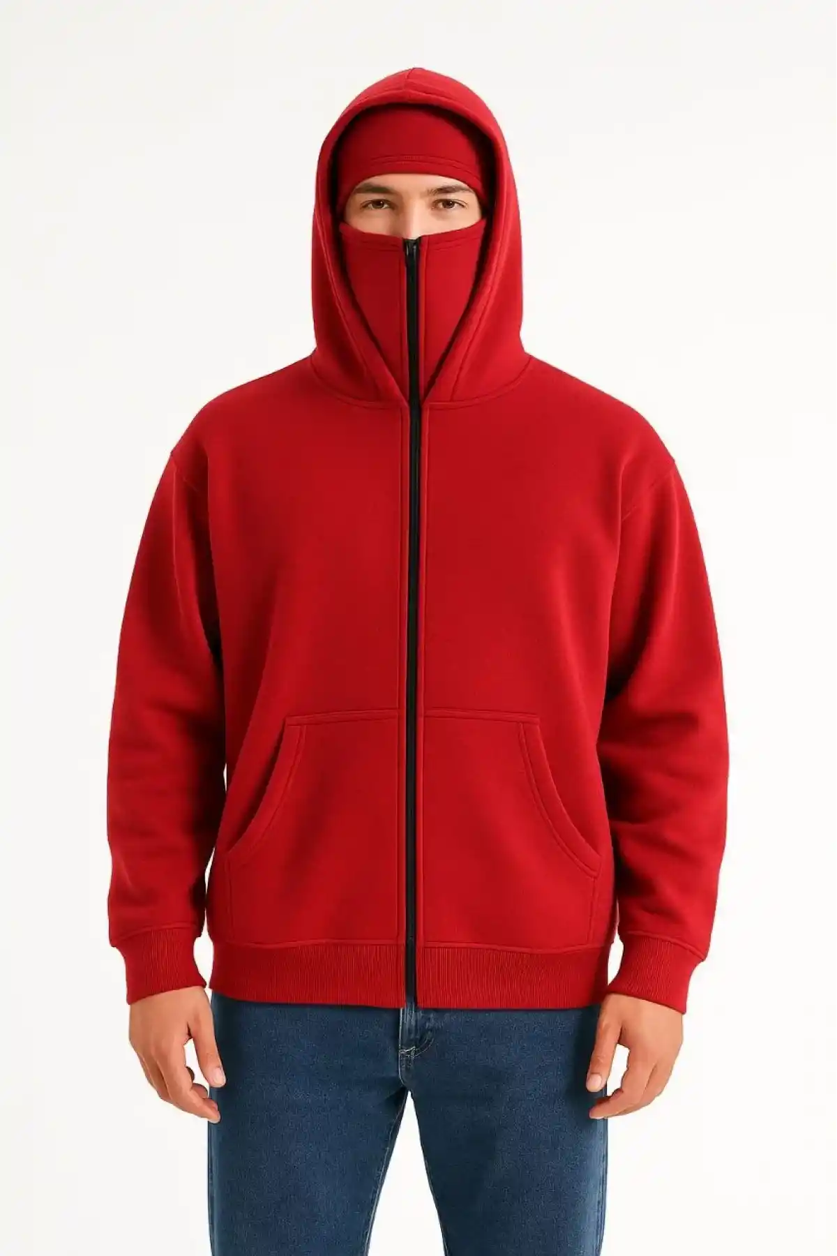 Samuray Ninja Çift Kapşonlu ZIP Fermuarlı Kanguru Çepli Tam Fermuarlı Hoodie Swetshirt - Kırmızı
