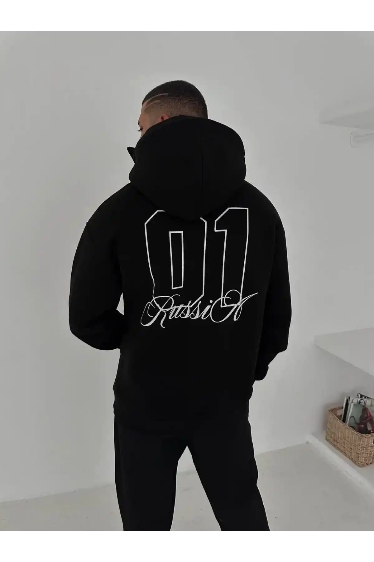 Samuray Ninja Çift Kapşonlu ZIP Fermuarlı Kanguru Çepli Tam Fermuarlı ön Arka - Siyah