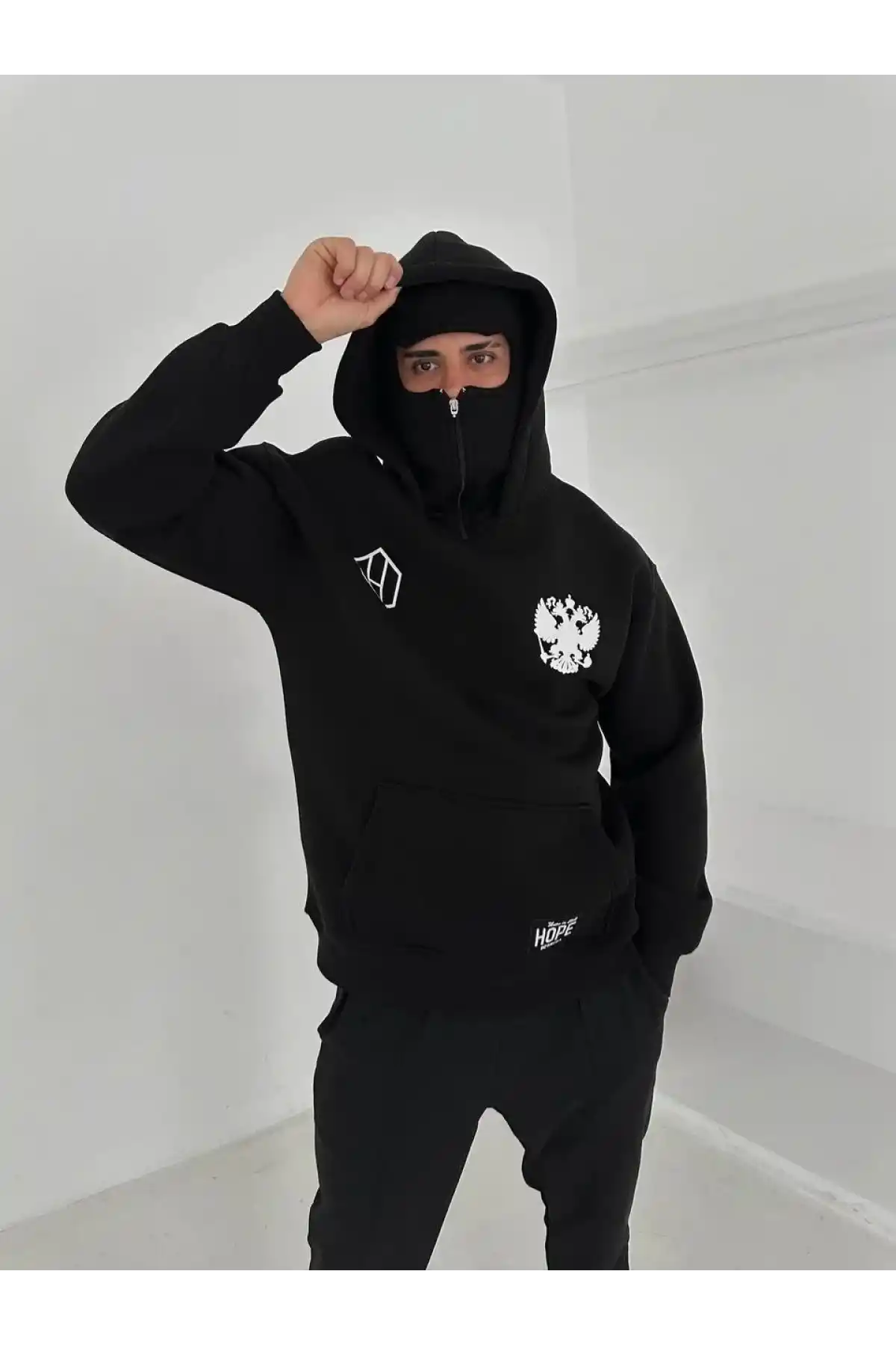 Samuray Ninja Çift Kapşonlu ZIP Fermuarlı Kanguru Çepli Tam Fermuarlı ön Arka - Siyah