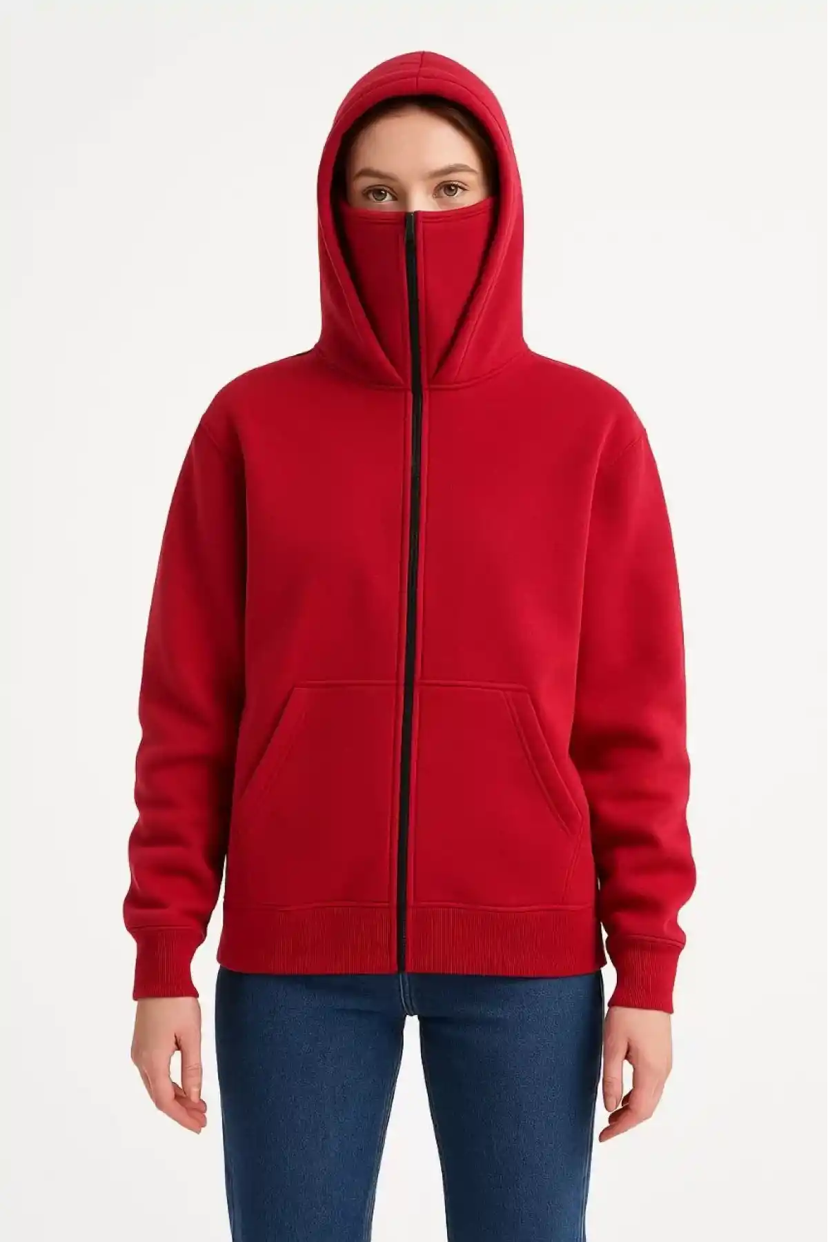 Samuray Ninja Çift Kapüşonlu Kadın Hoodie Oversize Kanguru Cepli, Bahar & Kışlık Fermuarlı Sweatshirt- Kırmızı