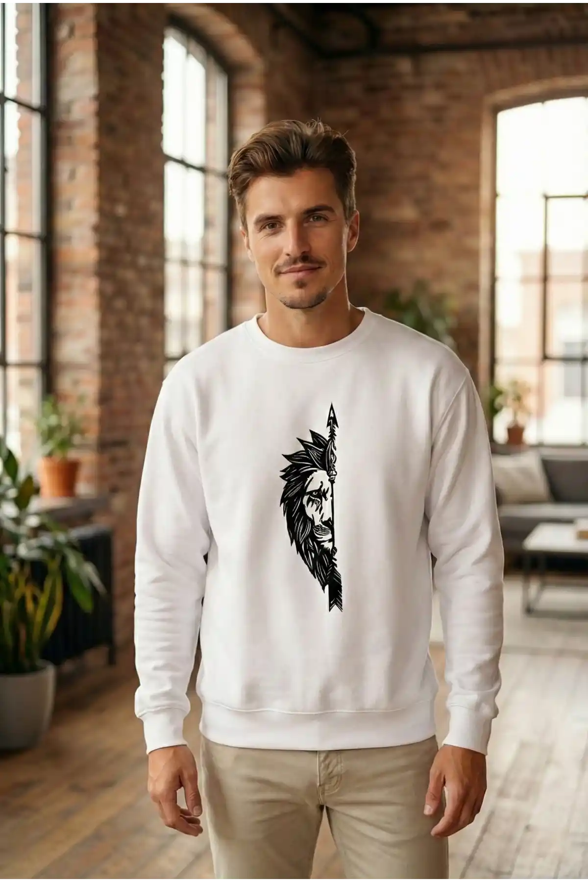 Sevgililer Günü Özel Bisiklet Yaka Aslan Baskılı Oversize Sweatshirt - Beyaz