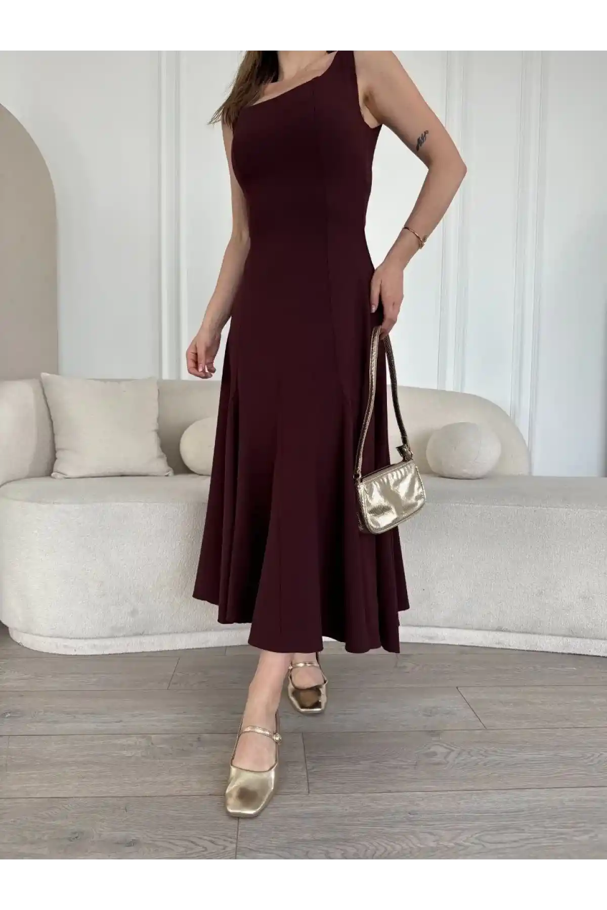 Sırt Dekolteli Kolsuz Uzun Elbise - Mürdüm
