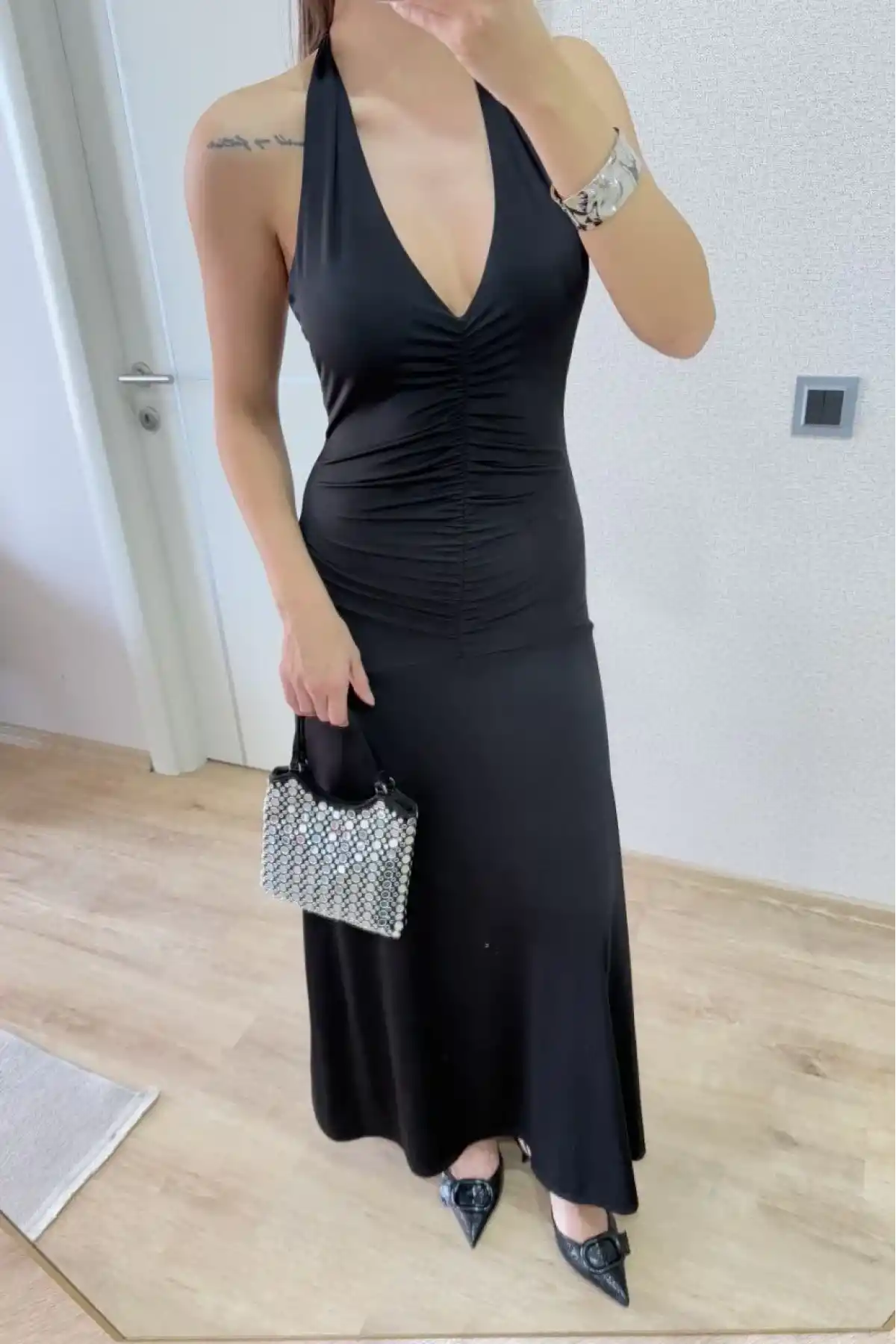 Sırt dekolteli Uzun Elbise - Siyah
