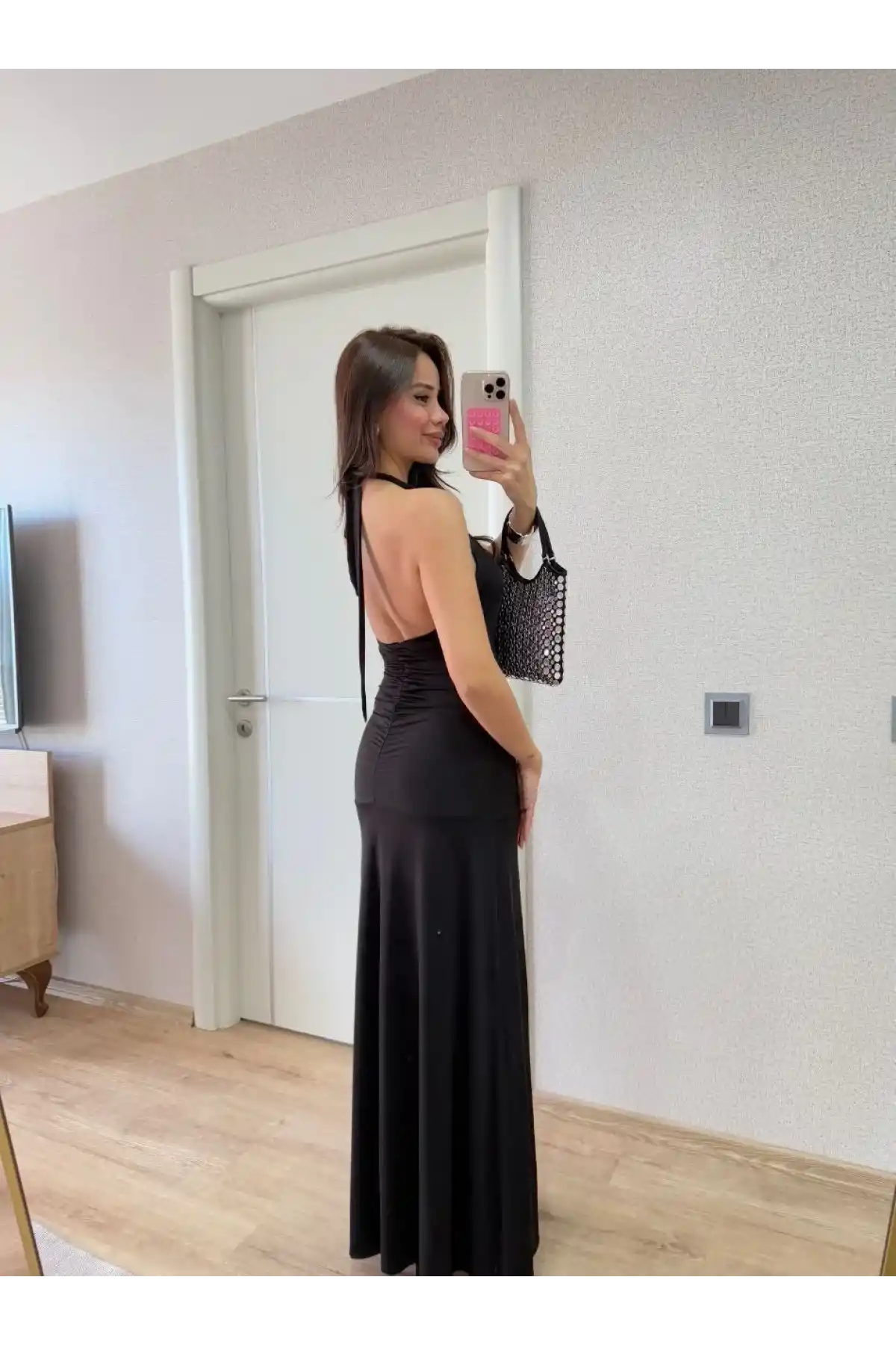 Sırt dekolteli Uzun Elbise - Siyah