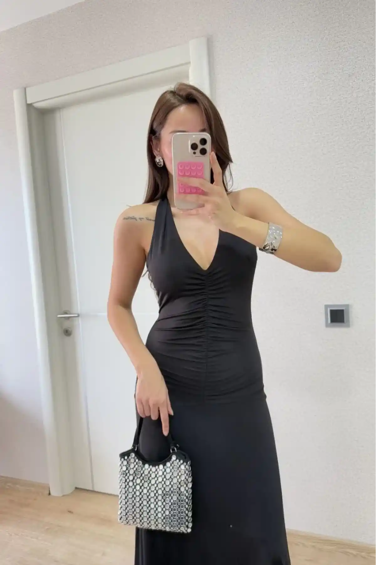 Sırt dekolteli Uzun Elbise - Siyah