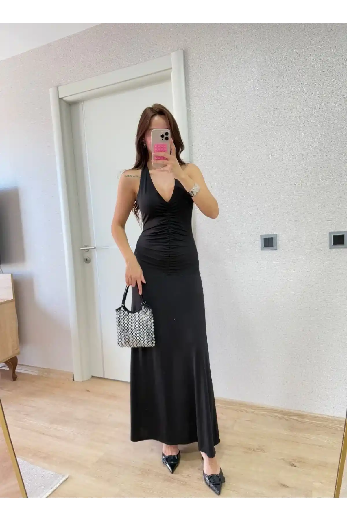 Sırt dekolteli Uzun Elbise - Siyah
