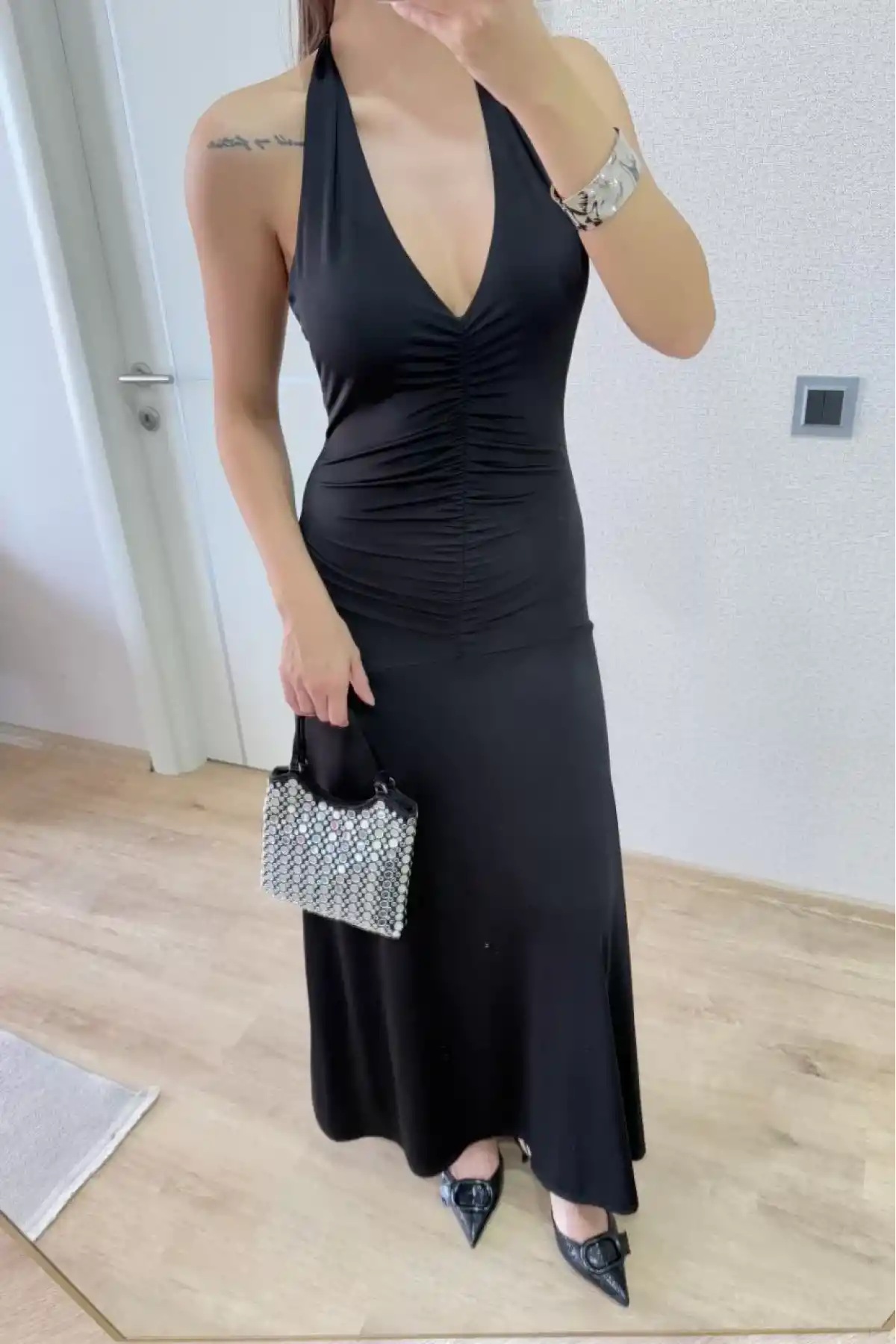 Sırt dekolteli Uzun Elbise - Siyah