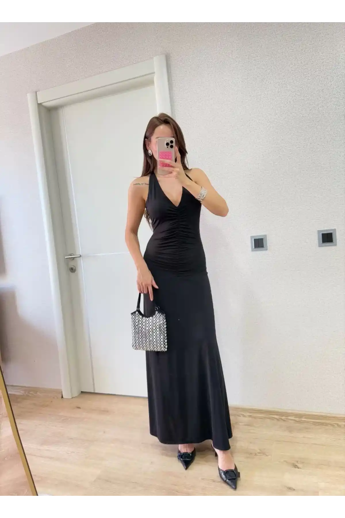 Sırt dekolteli Uzun Elbise - Siyah