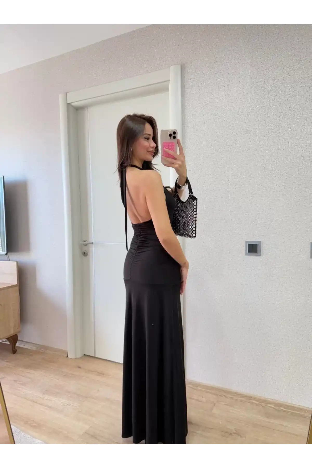 Sırt dekolteli Uzun Elbise - Siyah