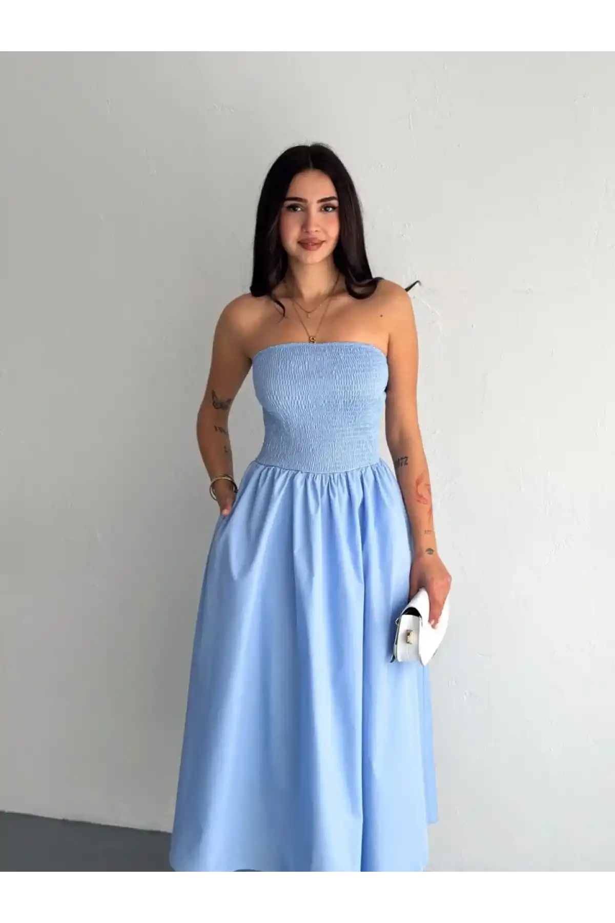 Straplez Pileli Elbise - Açık Mavi