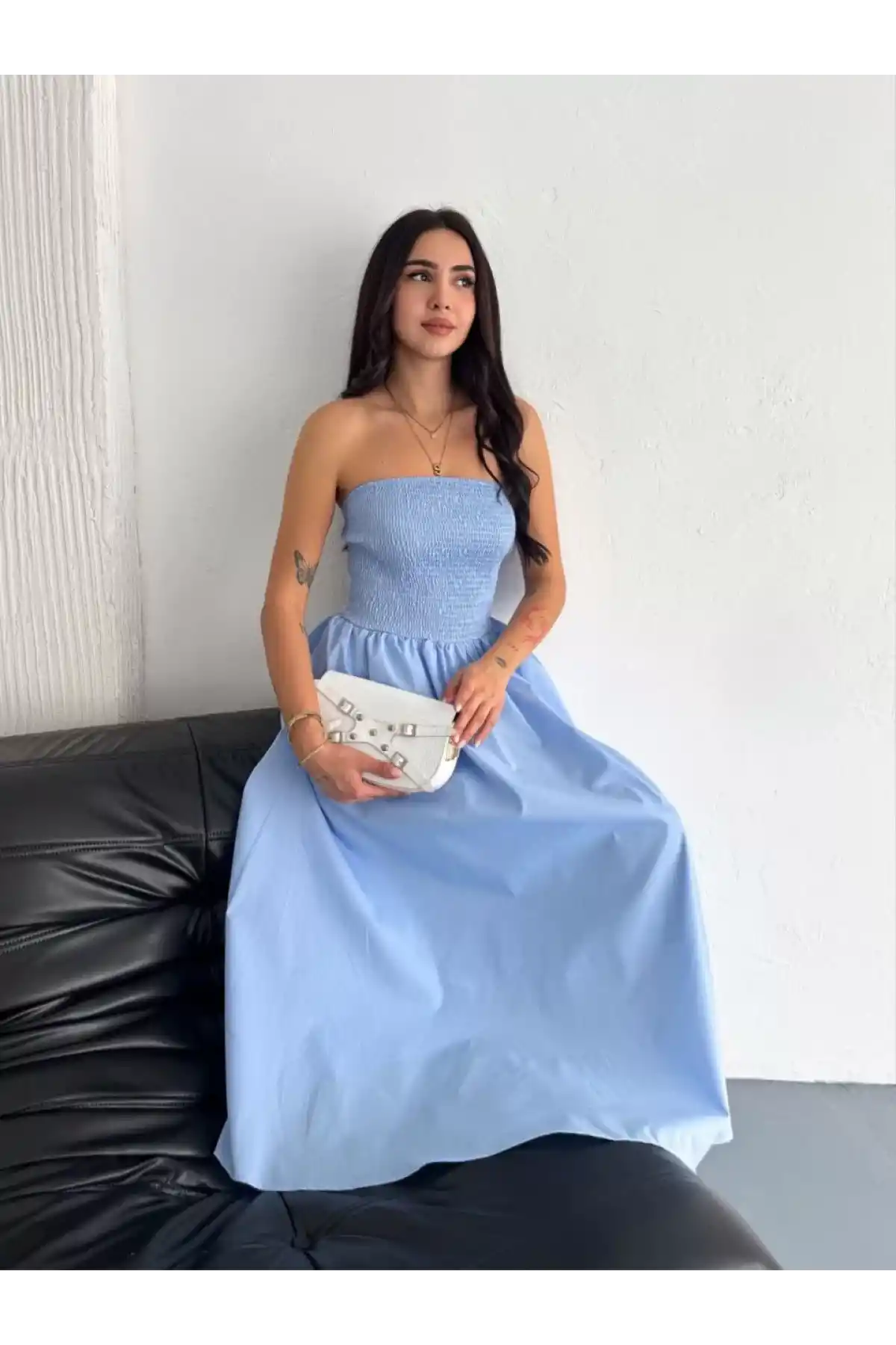 Straplez Pileli Elbise - Açık Mavi