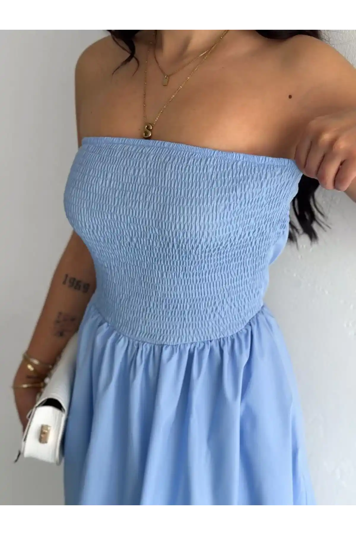 Straplez Pileli Elbise - Açık Mavi