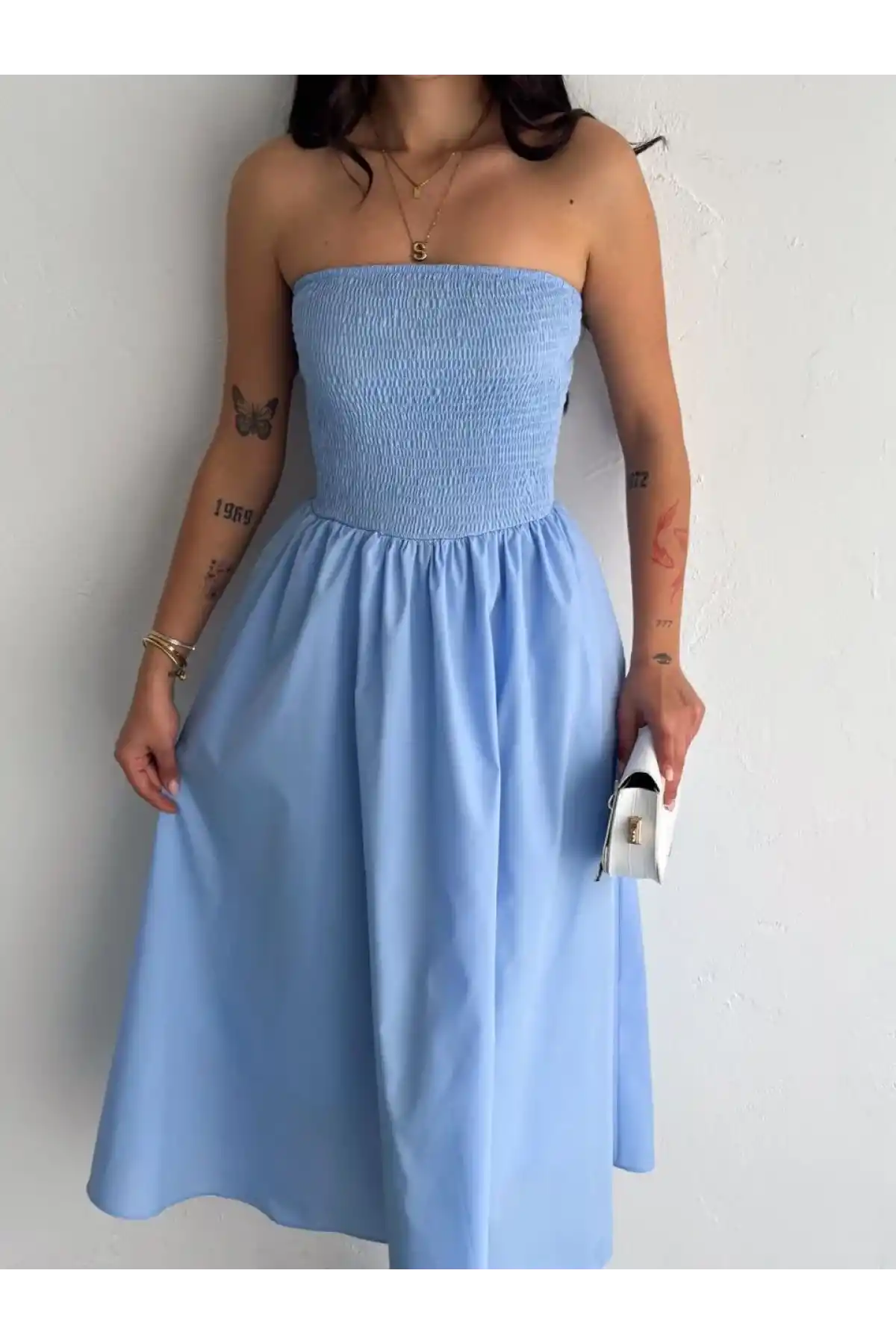 Straplez Pileli Elbise - Açık Mavi