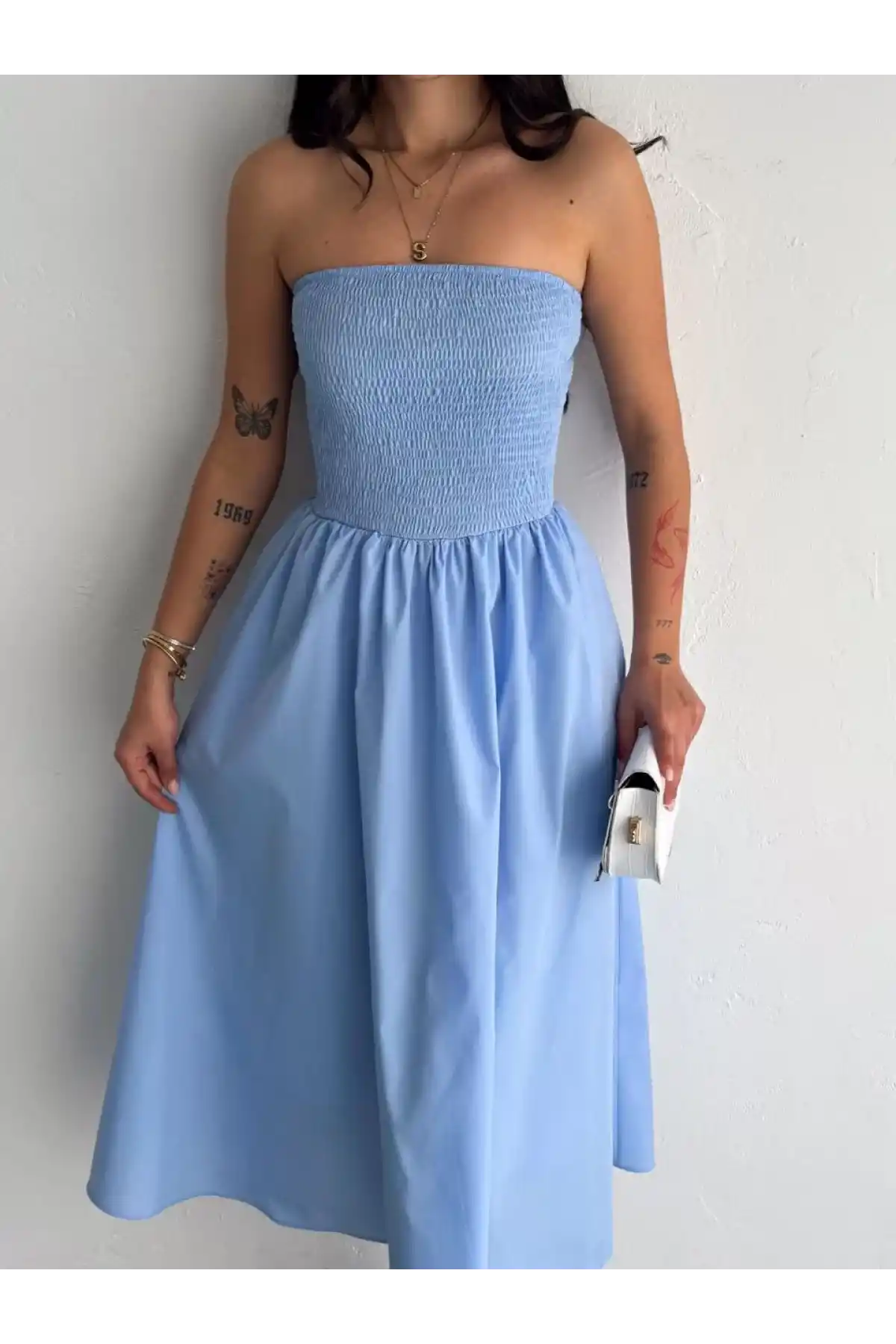 Straplez Pileli Elbise - Açık Mavi