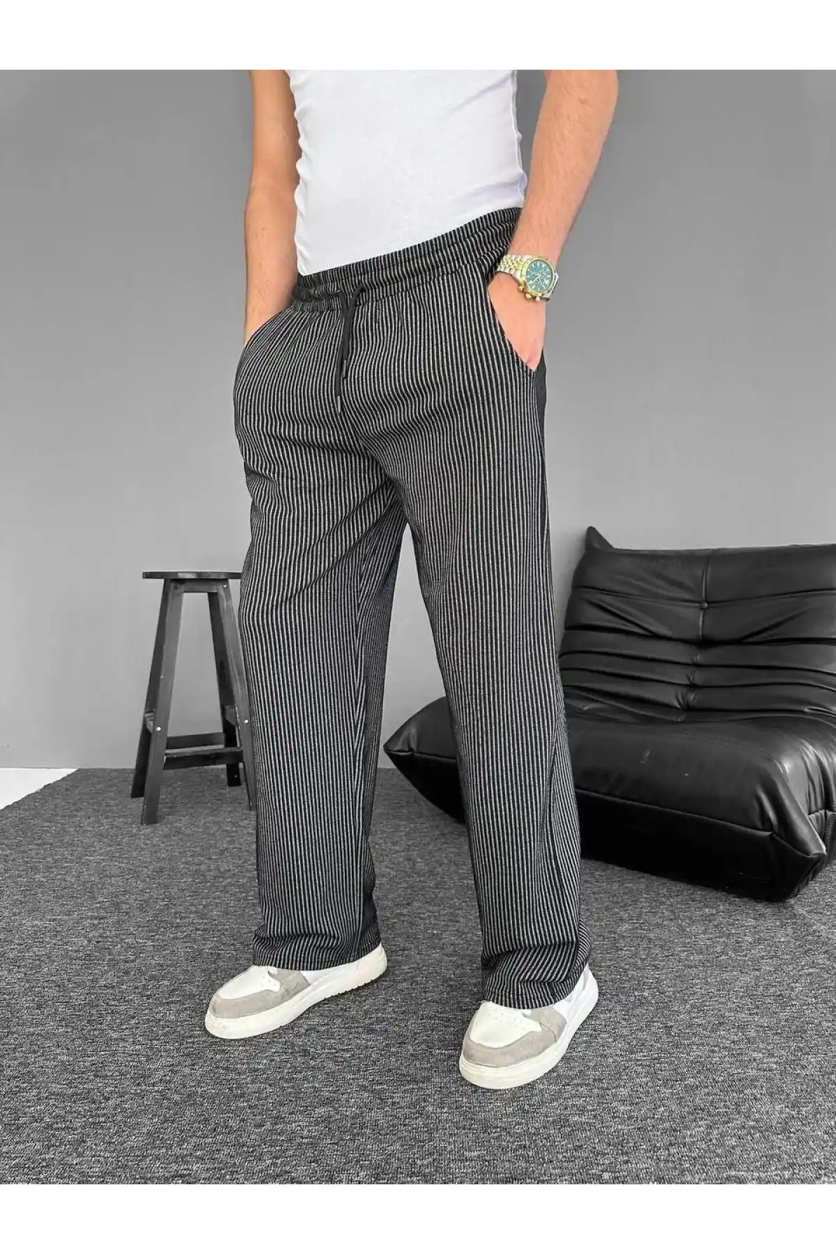 Su Yolu Çizgili Cepli Pantalon - Siyah