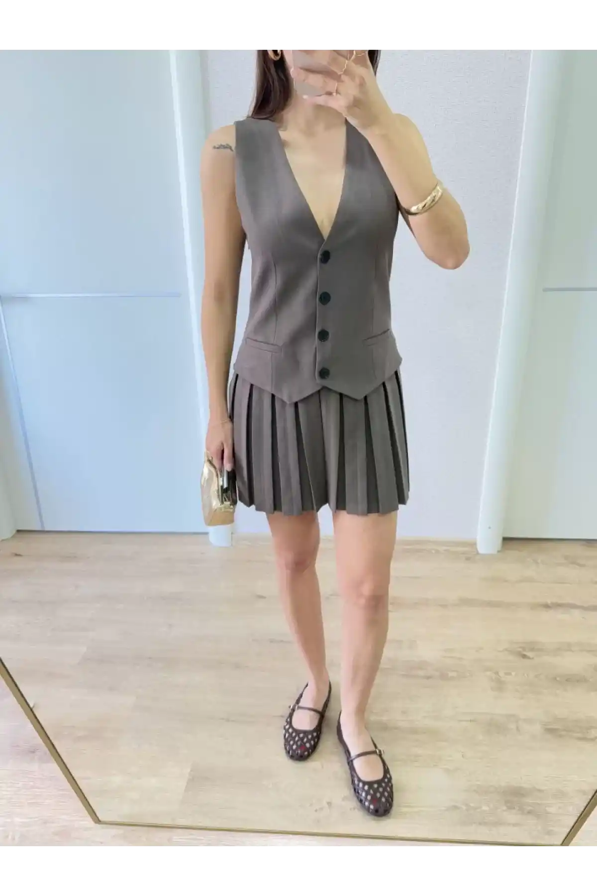 Keten Takım Görünümlü Düğme Detaylı Yelekli Mini Elbise - Füme