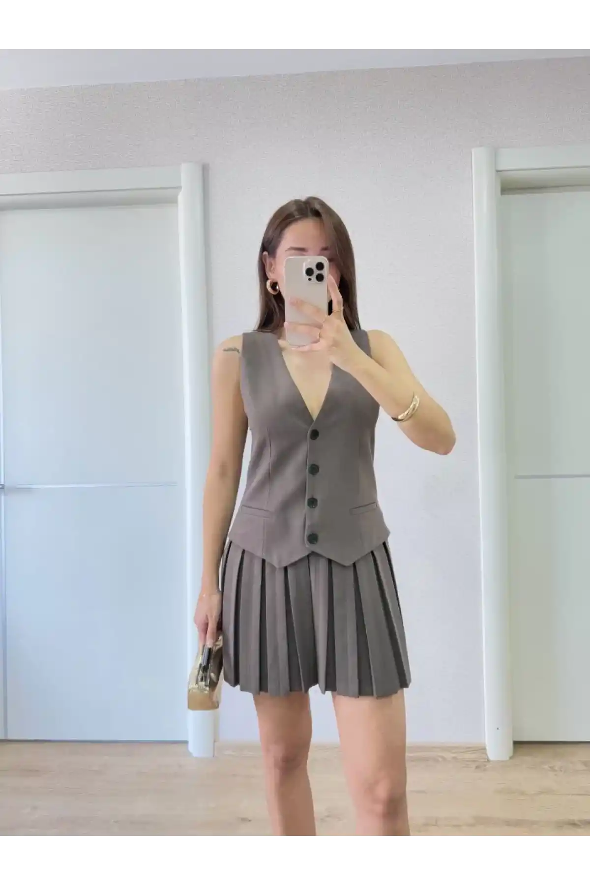 Keten Takım Görünümlü Düğme Detaylı Yelekli Mini Elbise - Füme