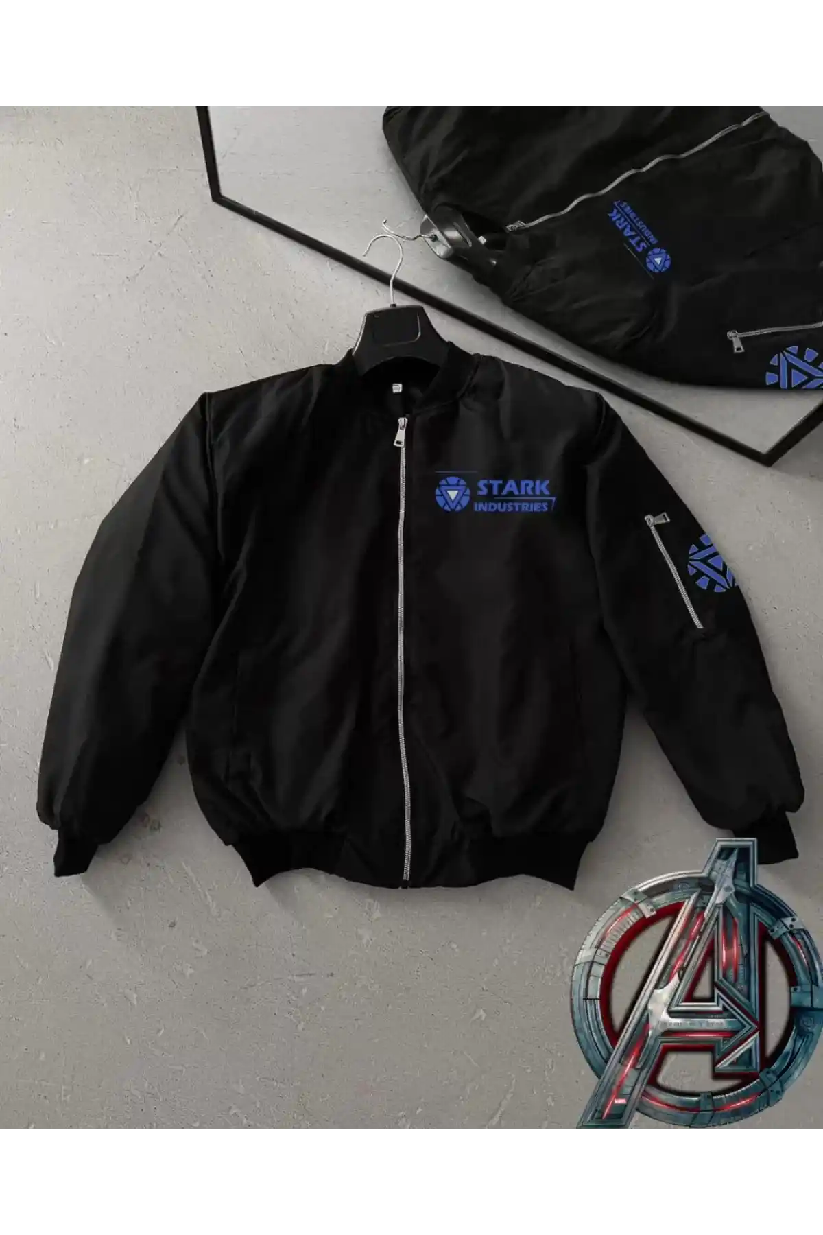 Stark Industries Siyah Bomber Mont – Fermuarlı, Cepli, Uzun Kollu, Kapitone Astarlı, Bahar ve Kış Mevsimi Rahat Unisex Ceket - Siyah
