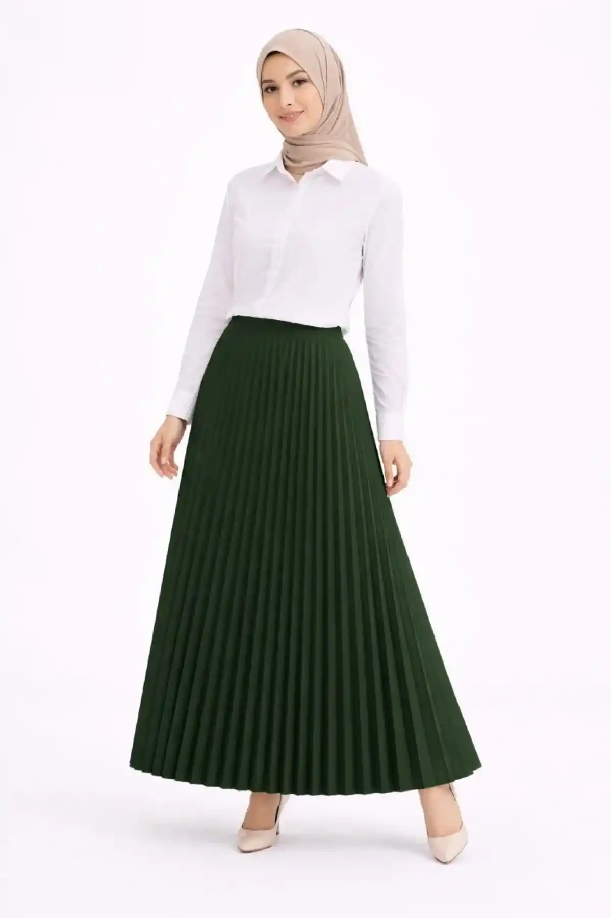 Tesettür Beyaz Gömlekli Pliseli Etek İkili Takım Gündelik ve Ofis Şıklığı - Çağla Yeşili